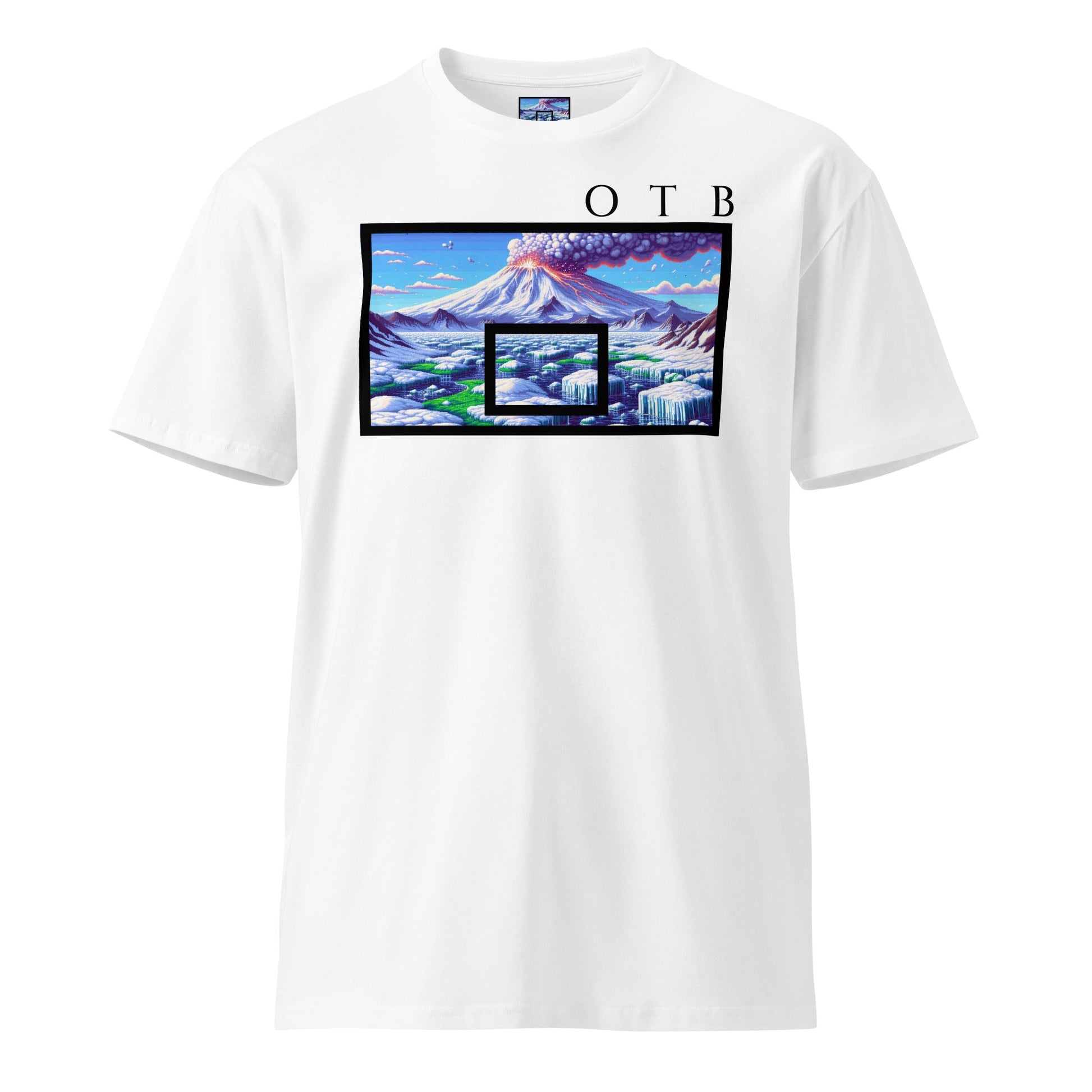 OTB Premium Tee in Arctic Volcano design - front view showcasing a white t-shirt with dramatic arctic volcano graphics featuring ice and fire elements, made from high-quality premium cotton fabric for comfort and style
