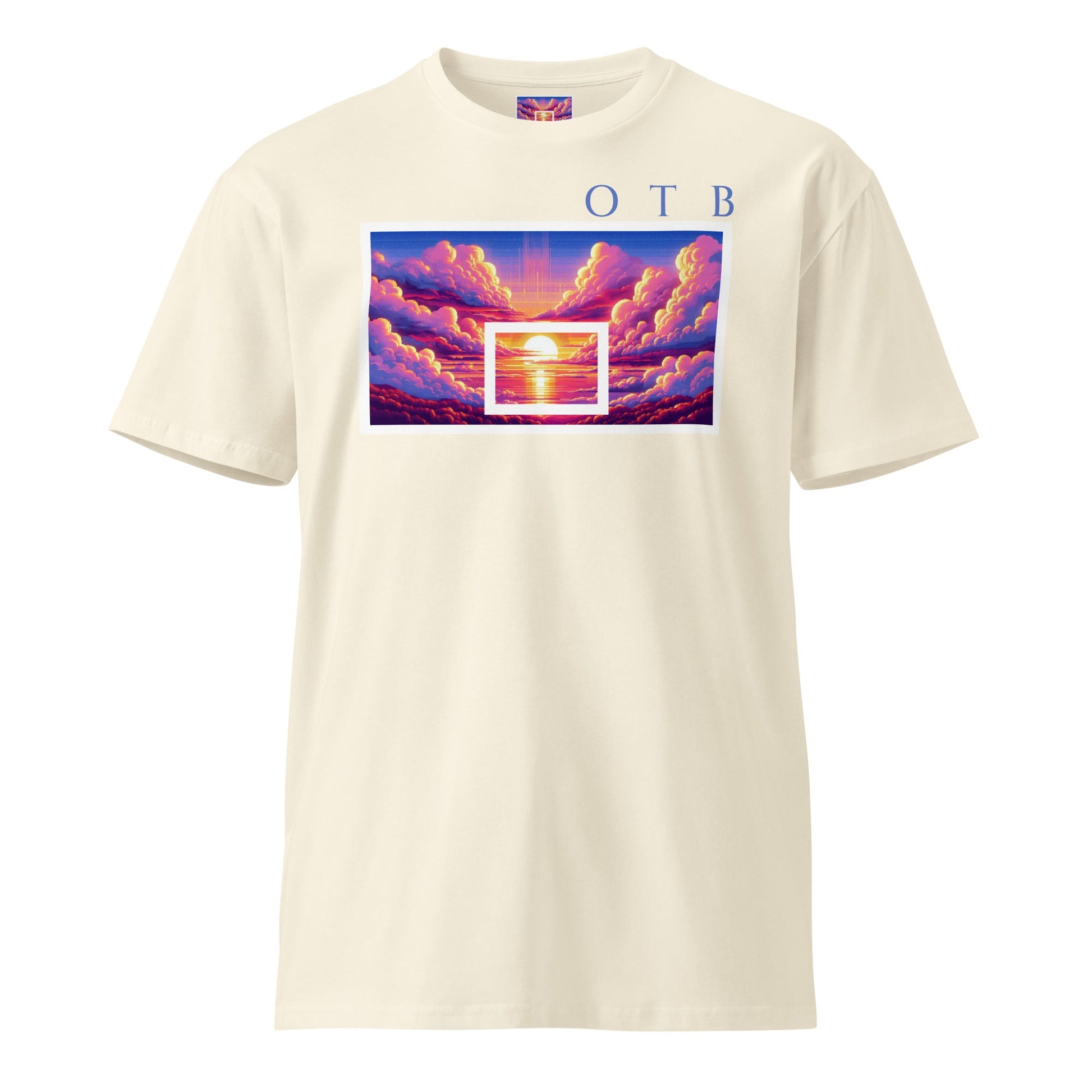 OTB Premium Tee in Cloudy Sunset design - front view showcasing an off white t-shirt with beautiful cloudy sunset graphics and sky-inspired artwork, made from high-quality premium cotton fabric for comfort and style