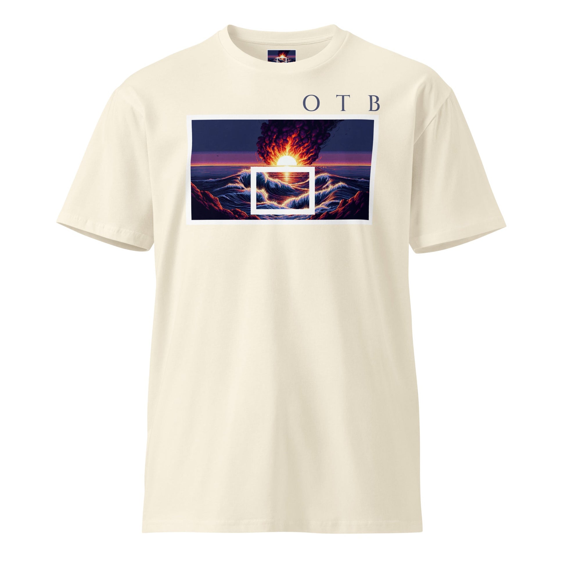 OTB Premium Tee in Duality Flame design - front view showcasing an off-white t-shirt with dynamic duality flame graphics featuring contrasting fire elements, made from high-quality premium cotton fabric for comfort and style