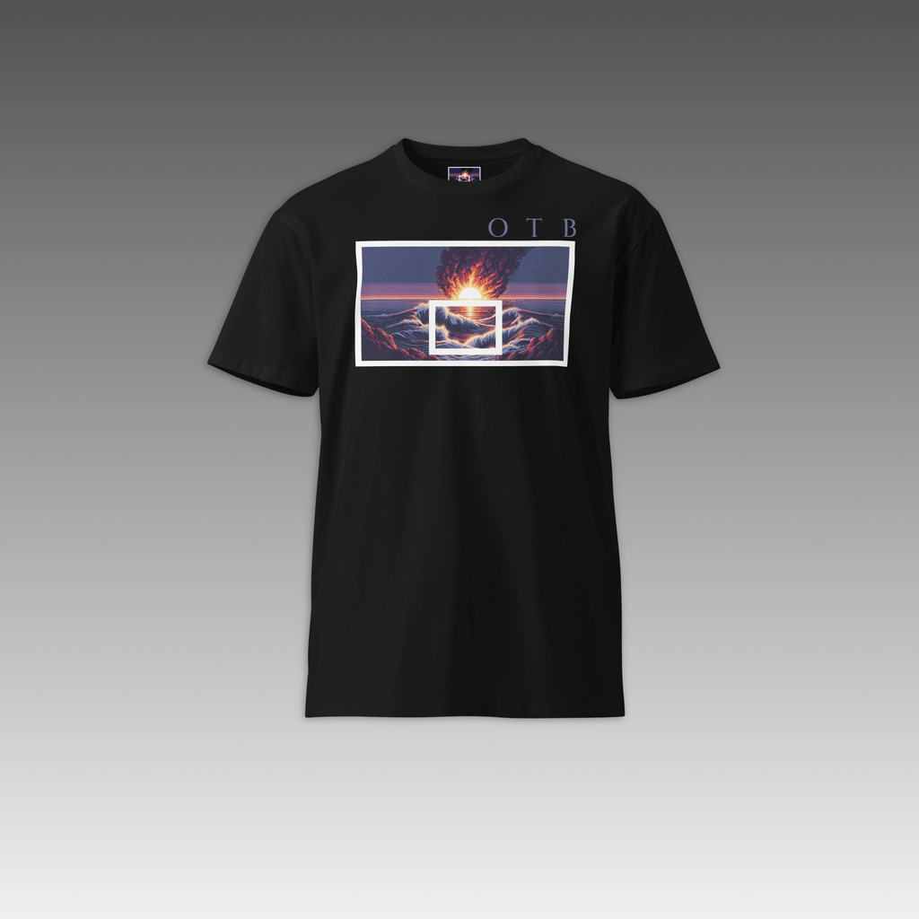 OTB Premium Tee in Duality Flame design - front view showcasing a black t-shirt with dynamic duality flame graphics featuring contrasting fire elements, made from high-quality premium cotton fabric for comfort and style