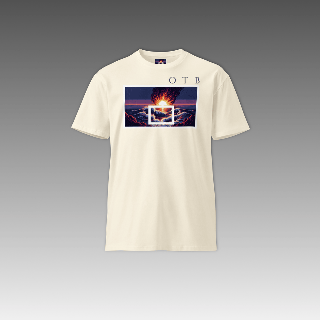 OTB Premium Tee in Duality Flame design - front view showcasing an off-white t-shirt with dynamic duality flame graphics featuring contrasting fire elements, made from high-quality premium cotton fabric for comfort and style