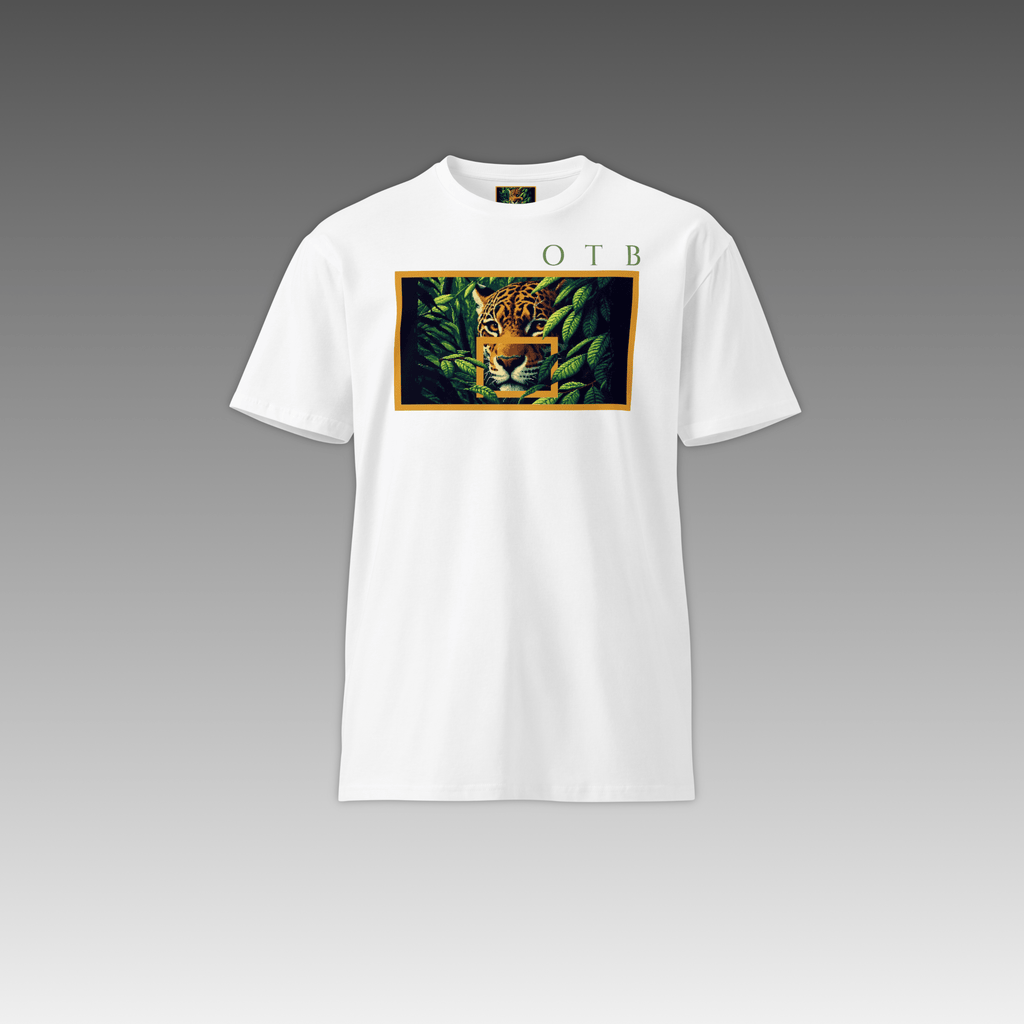 OTB Premium Tee in Jungle Jaguar design - front view showcasing a white 
t-shirt with vibrant jungle jaguar graphics and wild animal artwork, made from high-quality premium cotton fabric for comfort and style