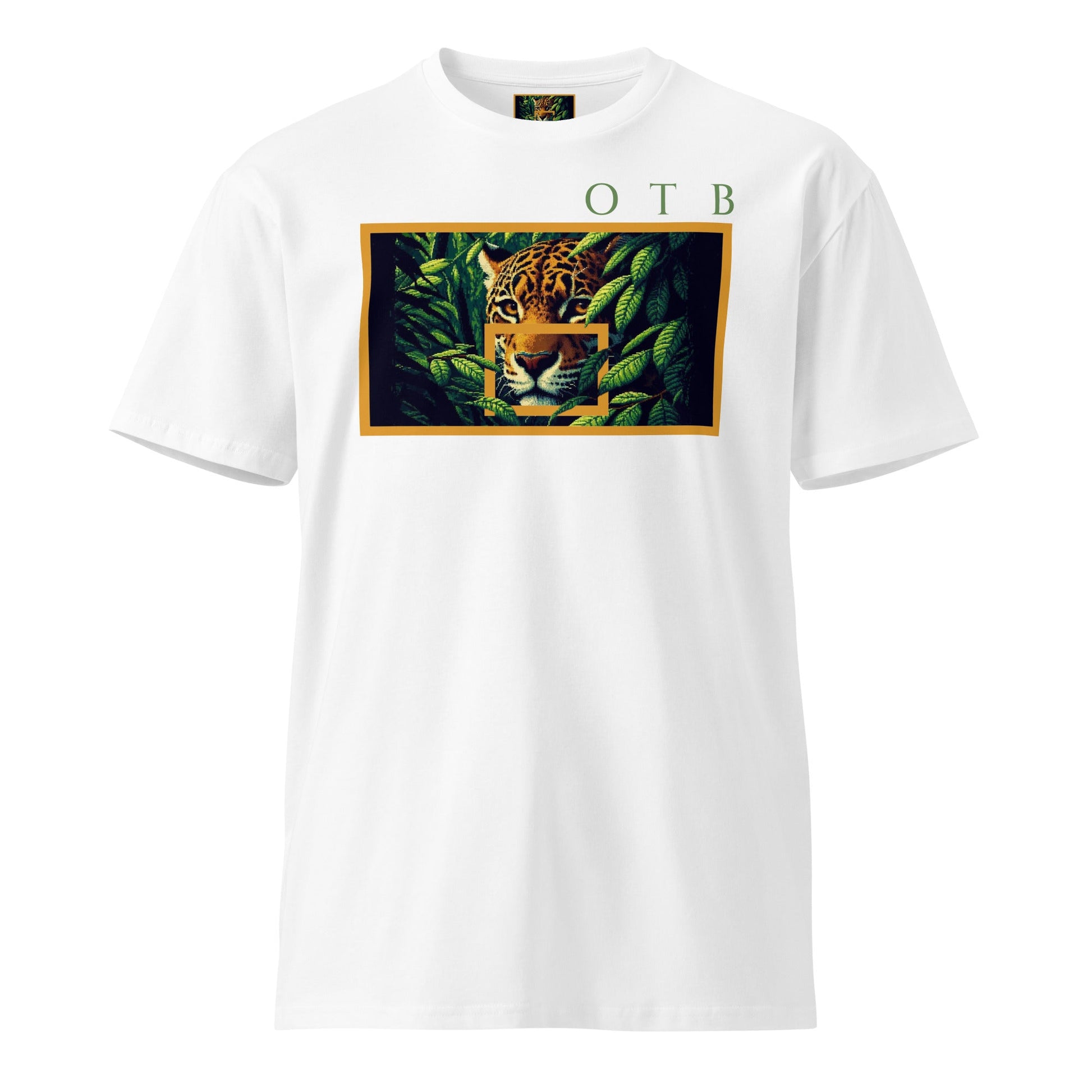 OTB Premium Tee in Jungle Jaguar design - front view showcasing a white 
t-shirt with vibrant jungle jaguar graphics and wild animal artwork, made from high-quality premium cotton fabric for comfort and style