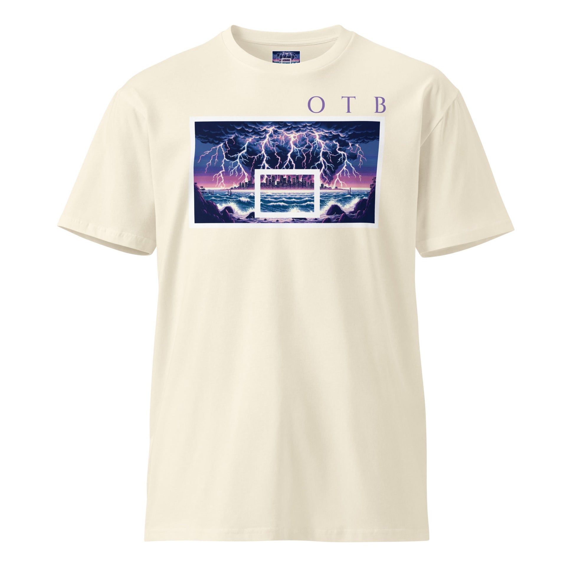 OTB Premium Tee in Lightning Storm design - front view showcasing an off white t-shirt with dynamic lightning storm graphics and electric weather artwork, made with soft, comfortable fabric perfect for players who love powerful weather and basketball