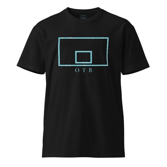 OTB Premium Tee in Teal 90s Throwback design - front view showcasing teal t-shirt with vibrant multicolor 90s-inspired geometric pattern, made from high-quality premium cotton fabric