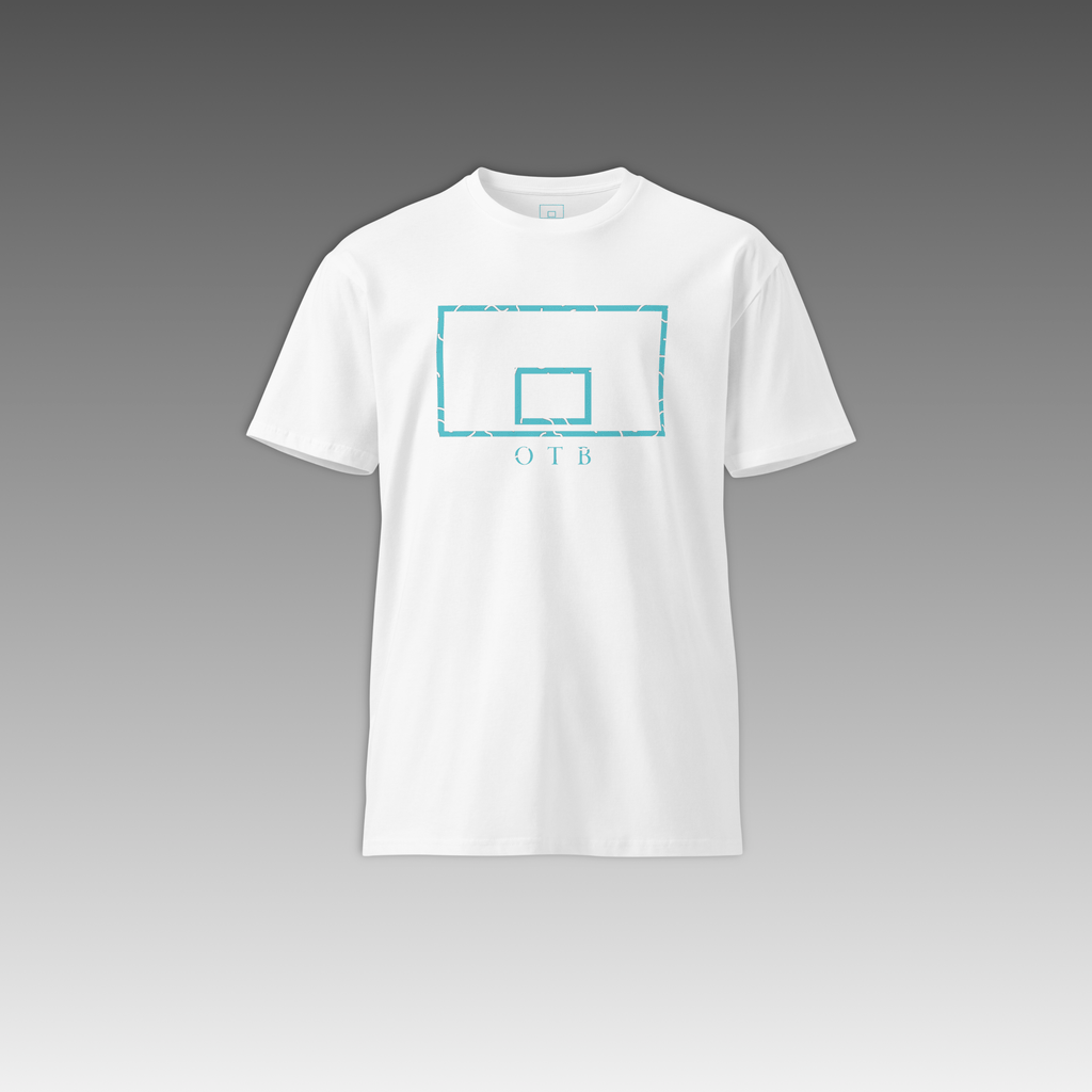 OTB Premium Tee in Teal 90s Throwback design - close-up view highlighting the texture and quality of the premium cotton fabric with retro 90s basketball-inspired pattern and reinforced stitching