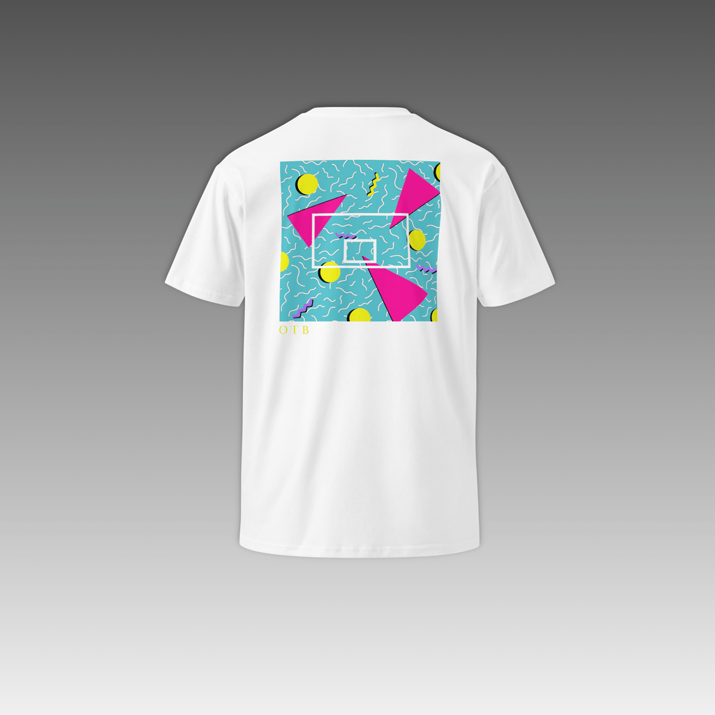 OTB Premium Tee in Teal 90s Throwback design - angled view showing the fit and style of this premium basketball-inspired t-shirt with comfortable crew neck and premium cotton construction