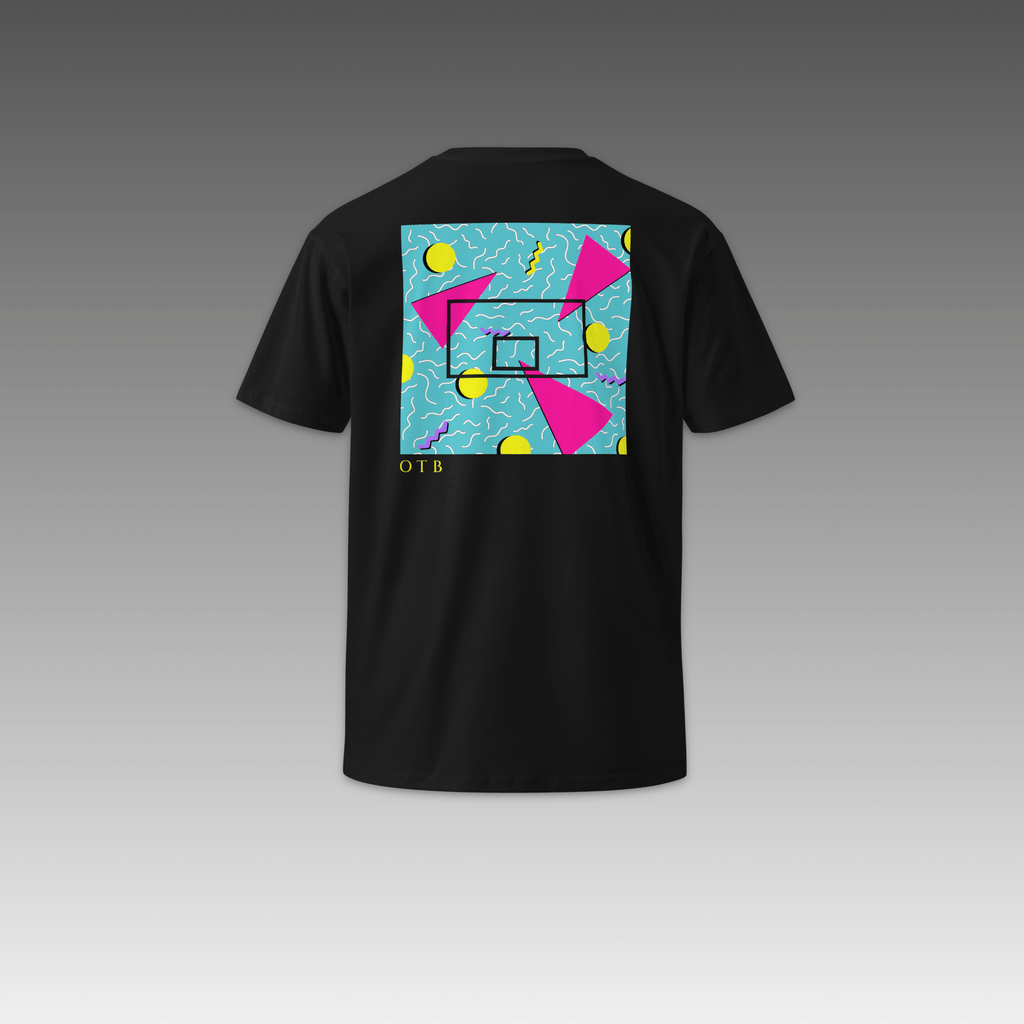 OTB Premium Tee in Teal 90s Throwback design - front view showcasing teal t-shirt with vibrant multicolor 90s-inspired geometric pattern, made from high-quality premium cotton fabric