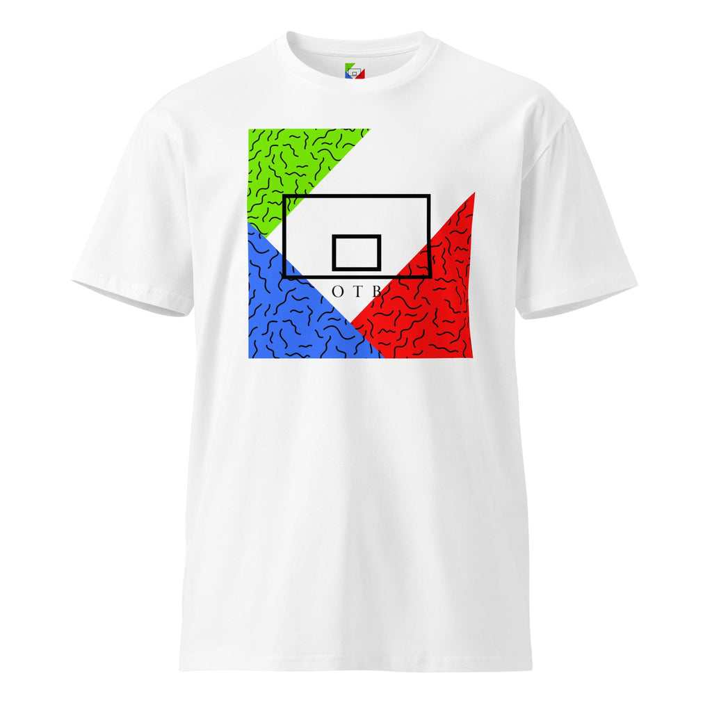 OTB Premium Tee in Throwback Jam design - front view showcasing vibrant multicolor t-shirt with retro basketball-inspired jam session graphics, made from high-quality premium cotton fabric