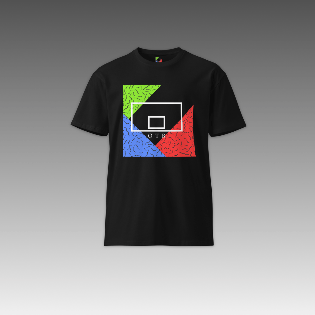 OTB Premium Tee in Throwback Jam design - back view displaying the colorful throwback basketball jam graphics, highlighting the quality construction and premium cotton material