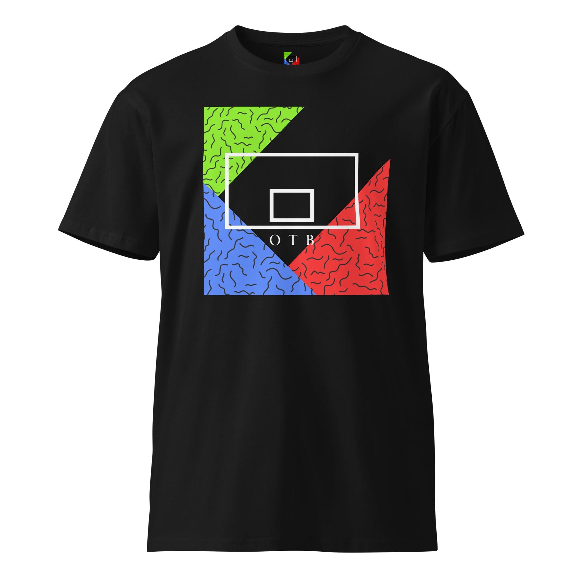 OTB Premium Tee in Throwback Jam design - back view displaying the colorful throwback basketball jam graphics, highlighting the quality construction and premium cotton material