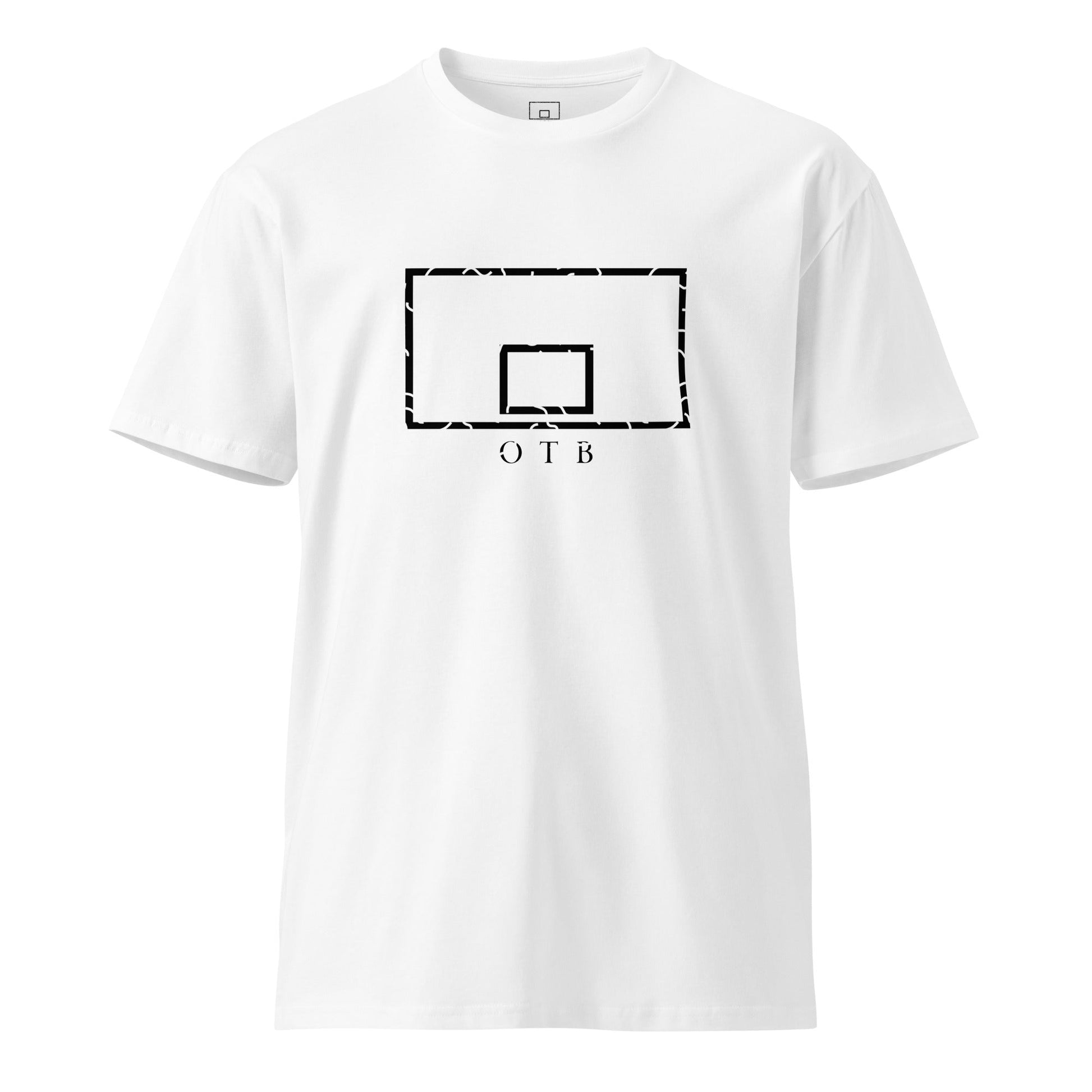 OTB Premium Tee in White 90s Throwback design - front view showcasing crisp white t-shirt with vibrant multicolor 90s-inspired geometric pattern, made from high-quality premium cotton fabric for comfort and style