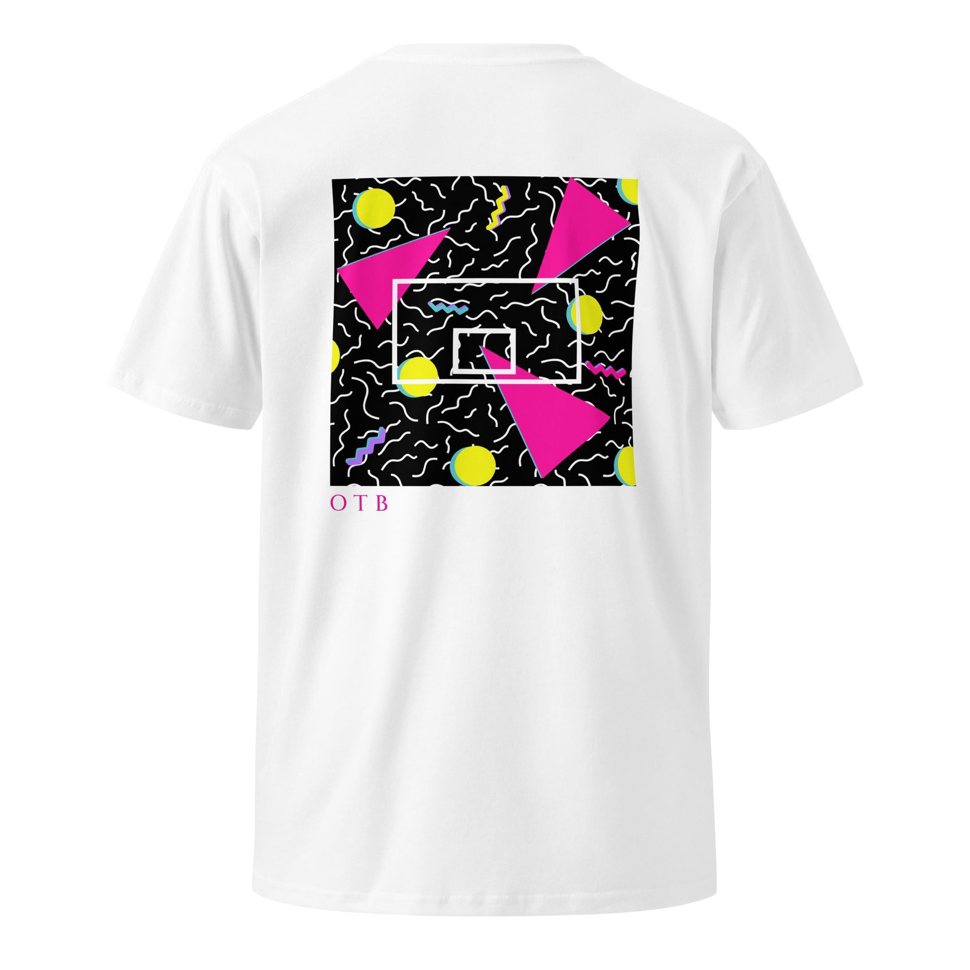 OTB Premium Tee in White 90s Throwback design - back view displaying the colorful 90s-inspired geometric pattern on clean white fabric, highlighting the quality construction and premium cotton material