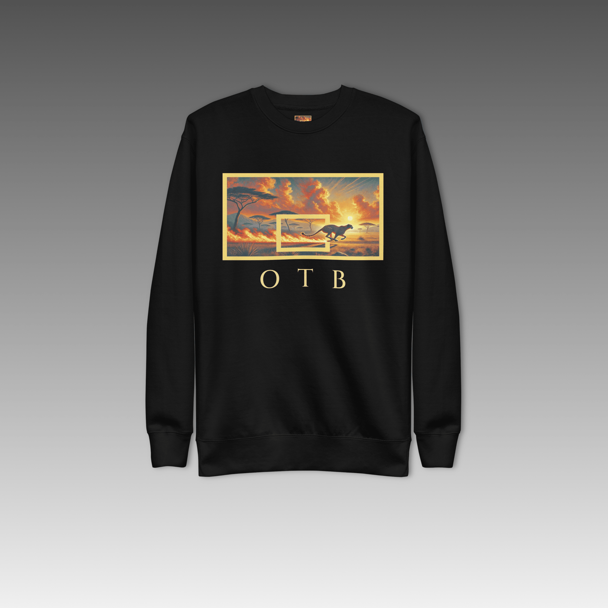 OTB Premium Sweatshirt in Flaming Run design - front view showcasing black sweatshirt with dynamic flame graphics and running motif, featuring premium heavyweight fabric and comfortable crew neck