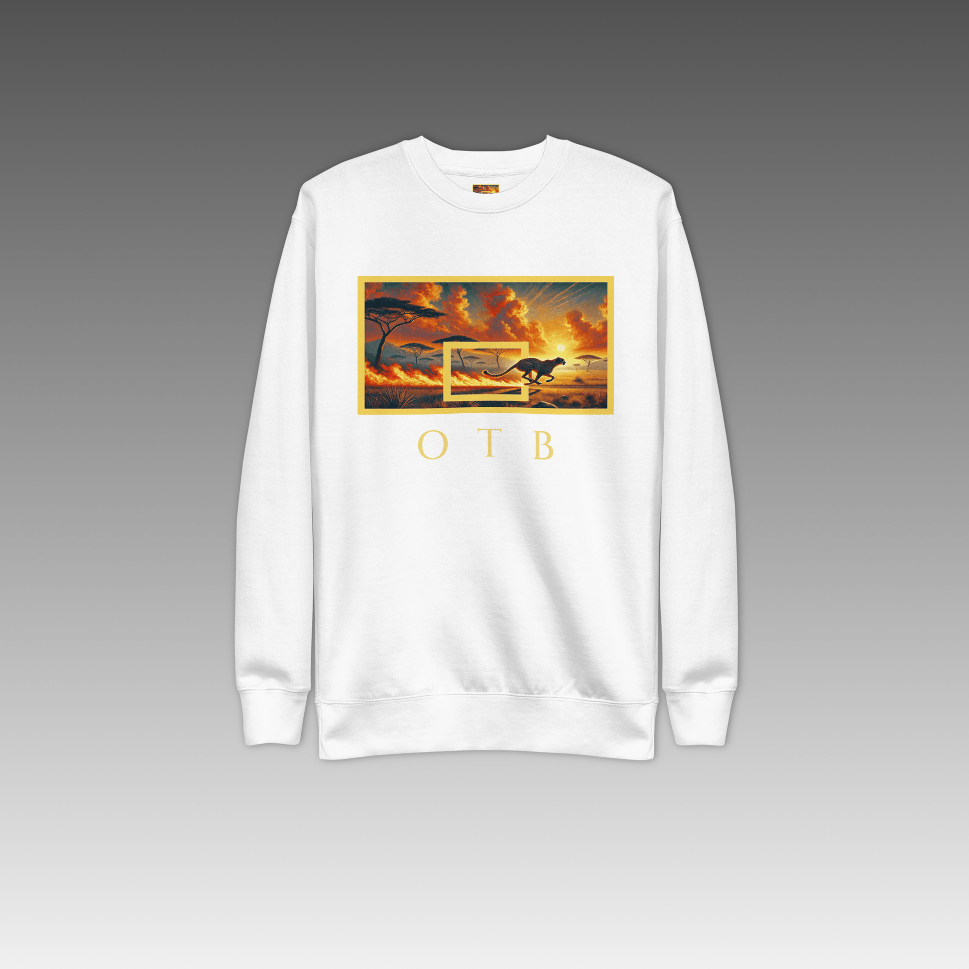 OTB Premium Sweatshirt in Flaming Run design - front view showcasing white sweatshirt with dynamic flame graphics and running motif, featuring premium heavyweight fabric and comfortable crew neck
