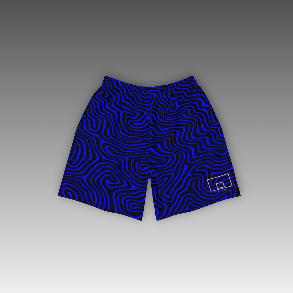 OTB Pufferfish Camo Basketball Shorts in Blue - front view showcasing vibrant blue shorts with unique pufferfish camouflage pattern, featuring lightweight performance fabric and comfortable athletic fit for basketball players