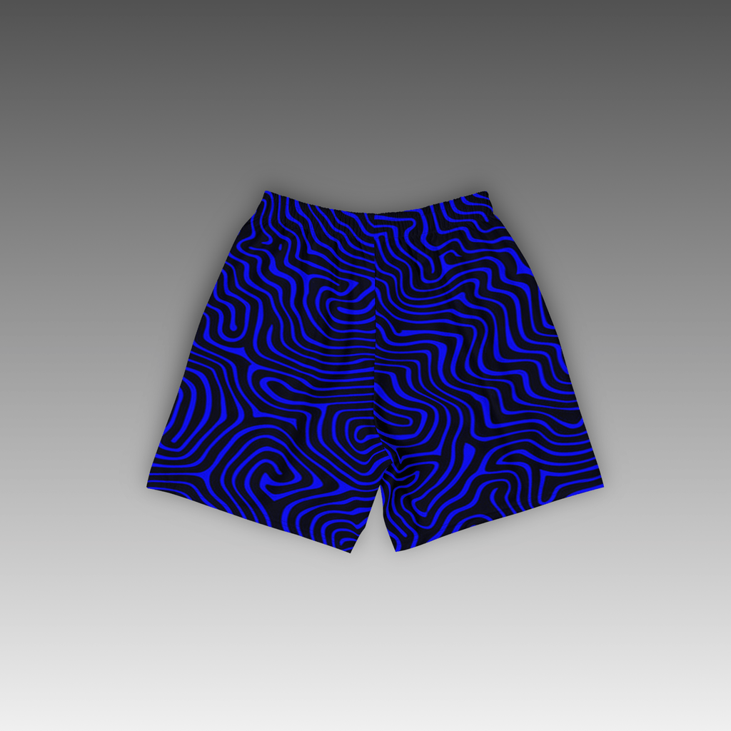 OTB Pufferfish Camo Basketball Shorts in Blue - back view displaying the detailed pufferfish camouflage pattern on bright blue fabric, highlighting the quality construction, elastic waistband, and basketball-ready design