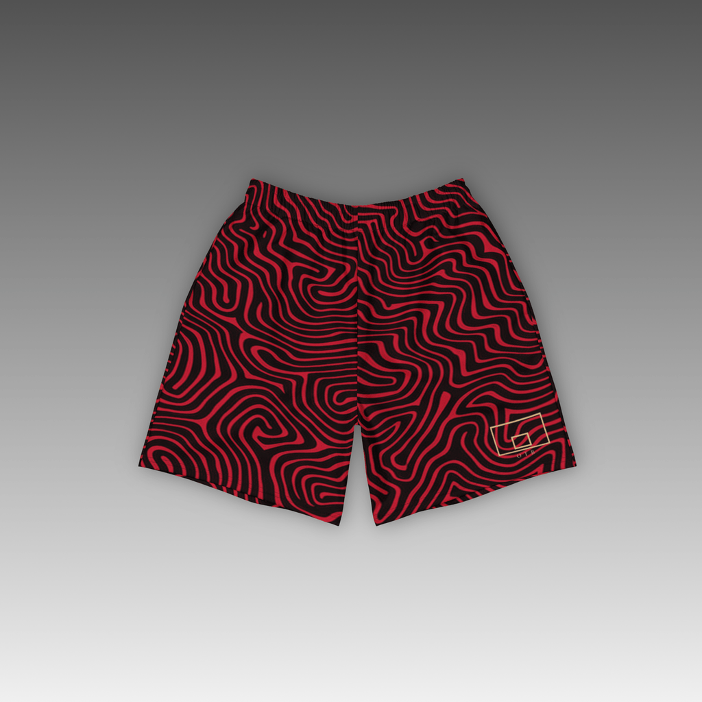 OTB Pufferfish Camo Basketball Shorts in Red - front view showcasing vibrant red shorts with unique pufferfish camouflage pattern, featuring lightweight performance fabric and comfortable athletic fit for basketball players