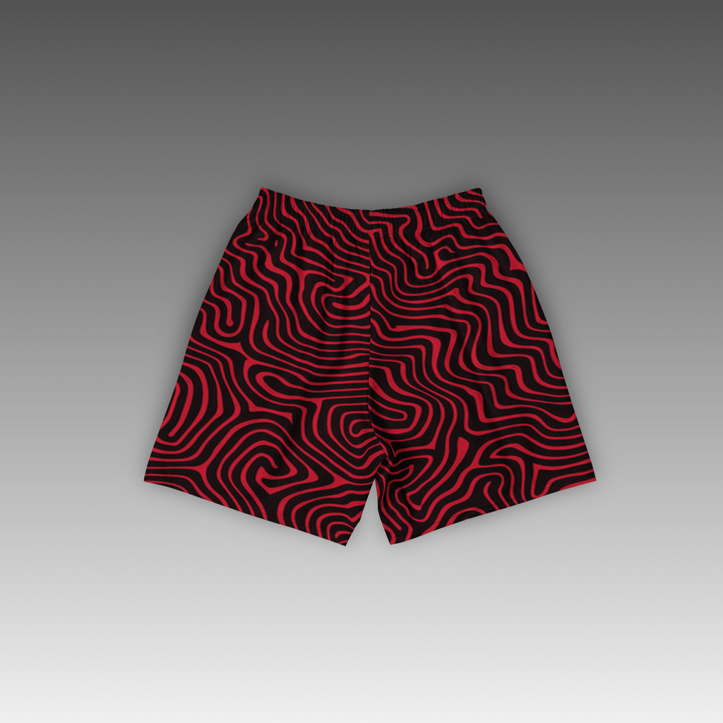OTB Pufferfish Camo Basketball Shorts in Red - back view displaying the detailed pufferfish camouflage pattern on bright red fabric, highlighting the quality construction, elastic waistband, and basketball-ready design
