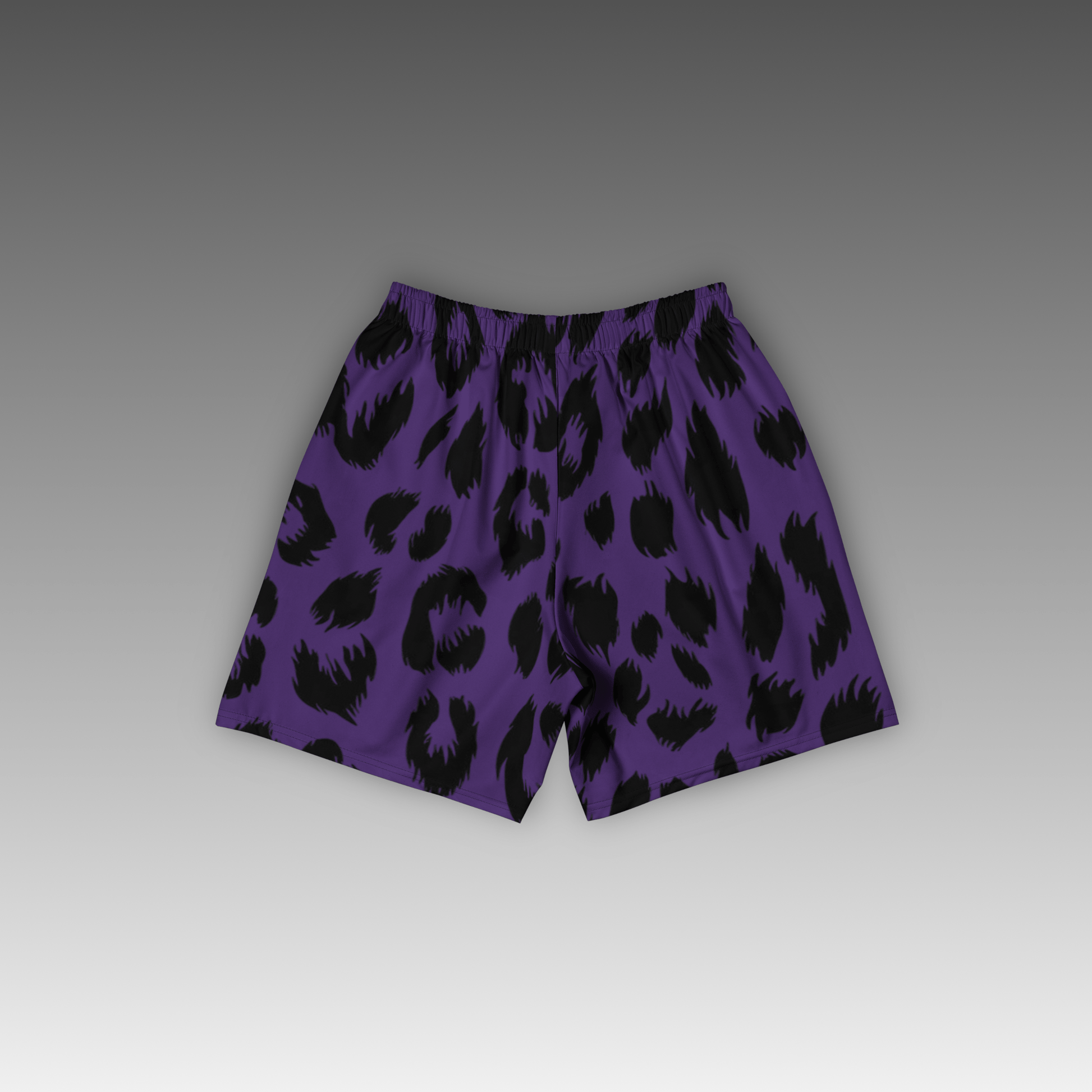 OTB Purple Leopard Basketball Shorts - back view displaying the striking leopard print pattern on bright purple fabric, highlighting the quality construction, elastic waistband, and basketball-ready design