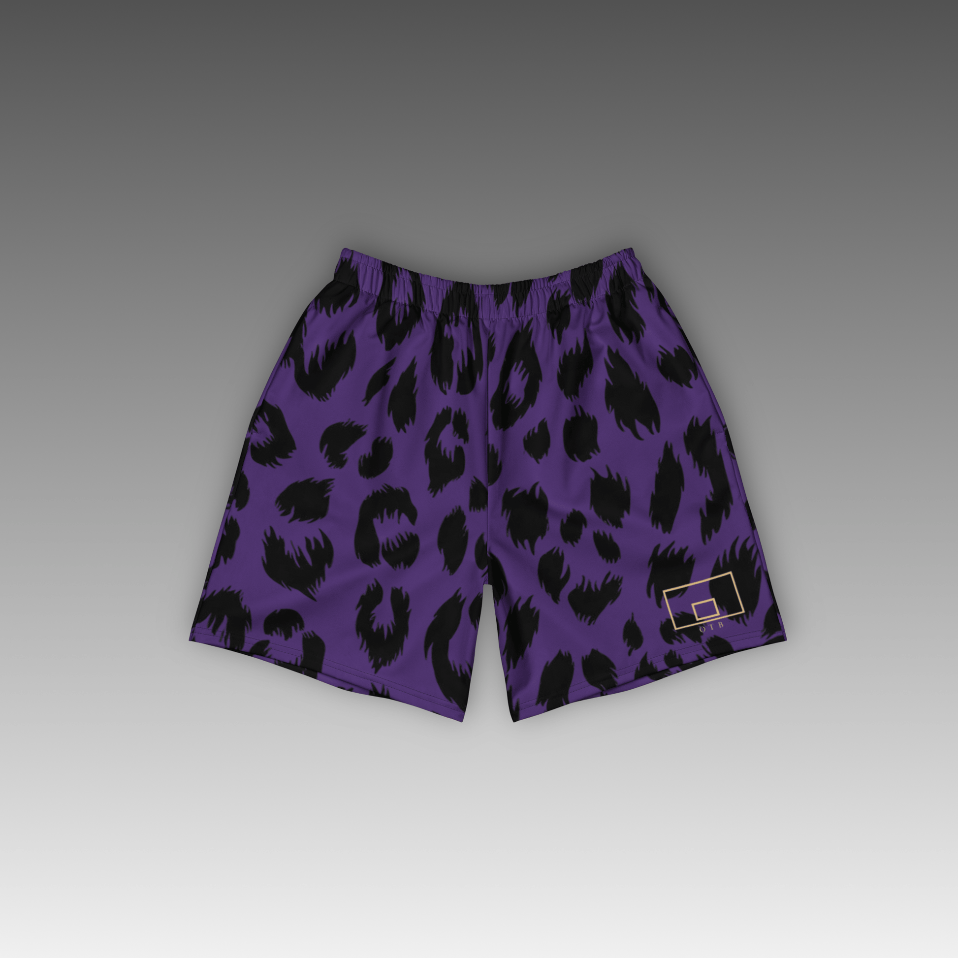 OTB Purple Leopard Basketball Shorts - front view showcasing vibrant purple shorts with bold leopard print pattern, featuring lightweight performance fabric and comfortable athletic fit for basketball players