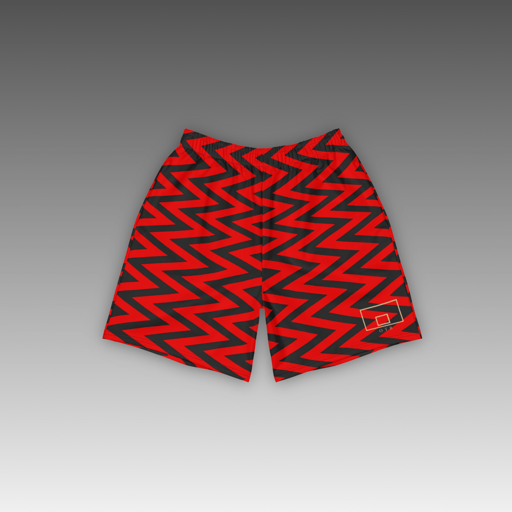 OTB Red Chevron Basketball Shorts - front view showcasing vibrant red shorts with dynamic black chevron pattern design, featuring lightweight performance fabric and comfortable athletic fit for basketball players