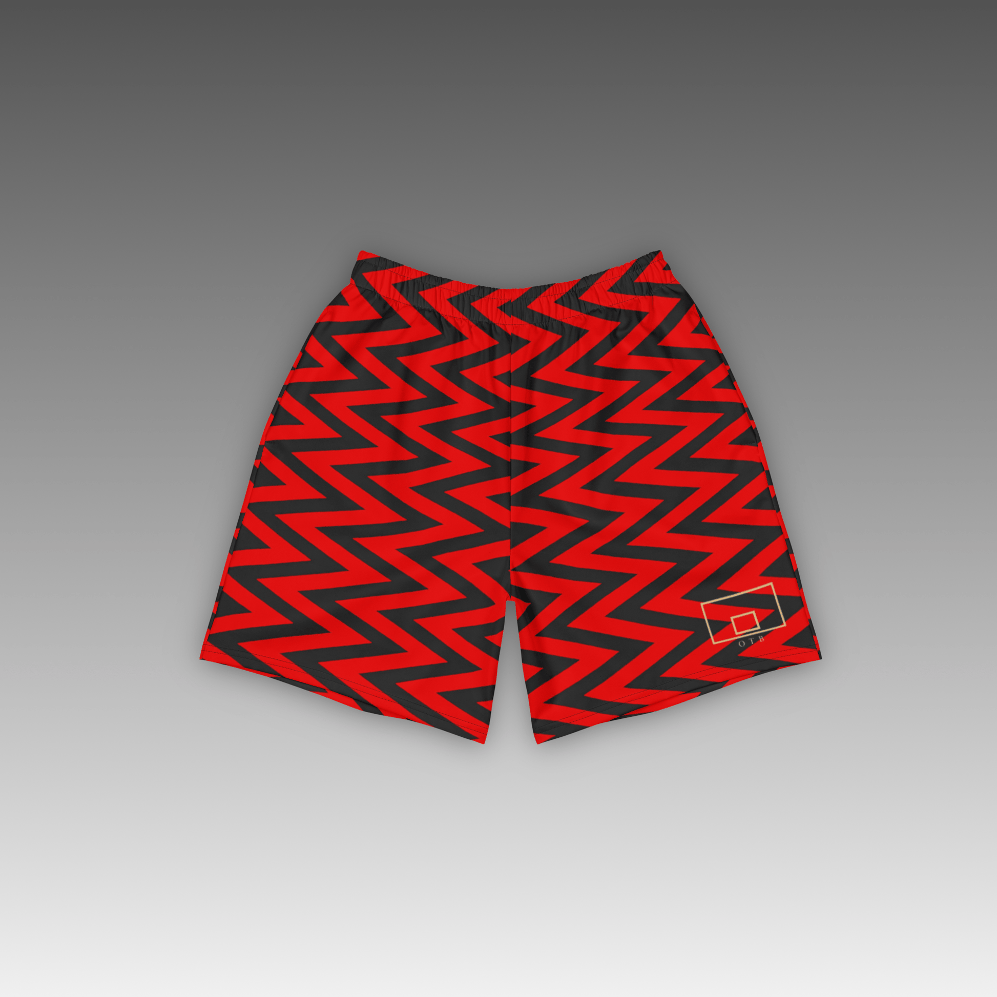 OTB Red Chevron Basketball Shorts - front view showcasing vibrant red shorts with dynamic black chevron pattern design, featuring lightweight performance fabric and comfortable athletic fit for basketball players