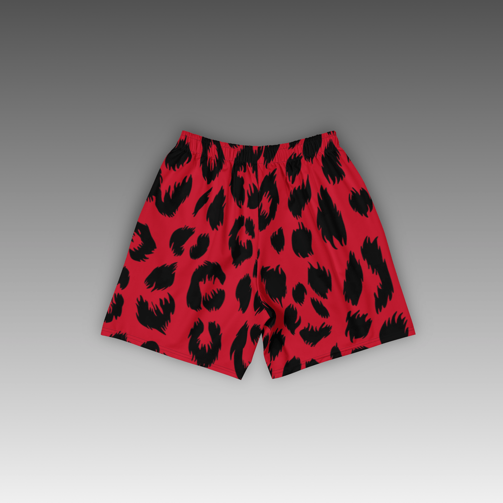 OTB Red Leopard Basketball Shorts - back view displaying the striking leopard print pattern on bright red fabric, highlighting the quality construction, elastic waistband, and basketball-ready design