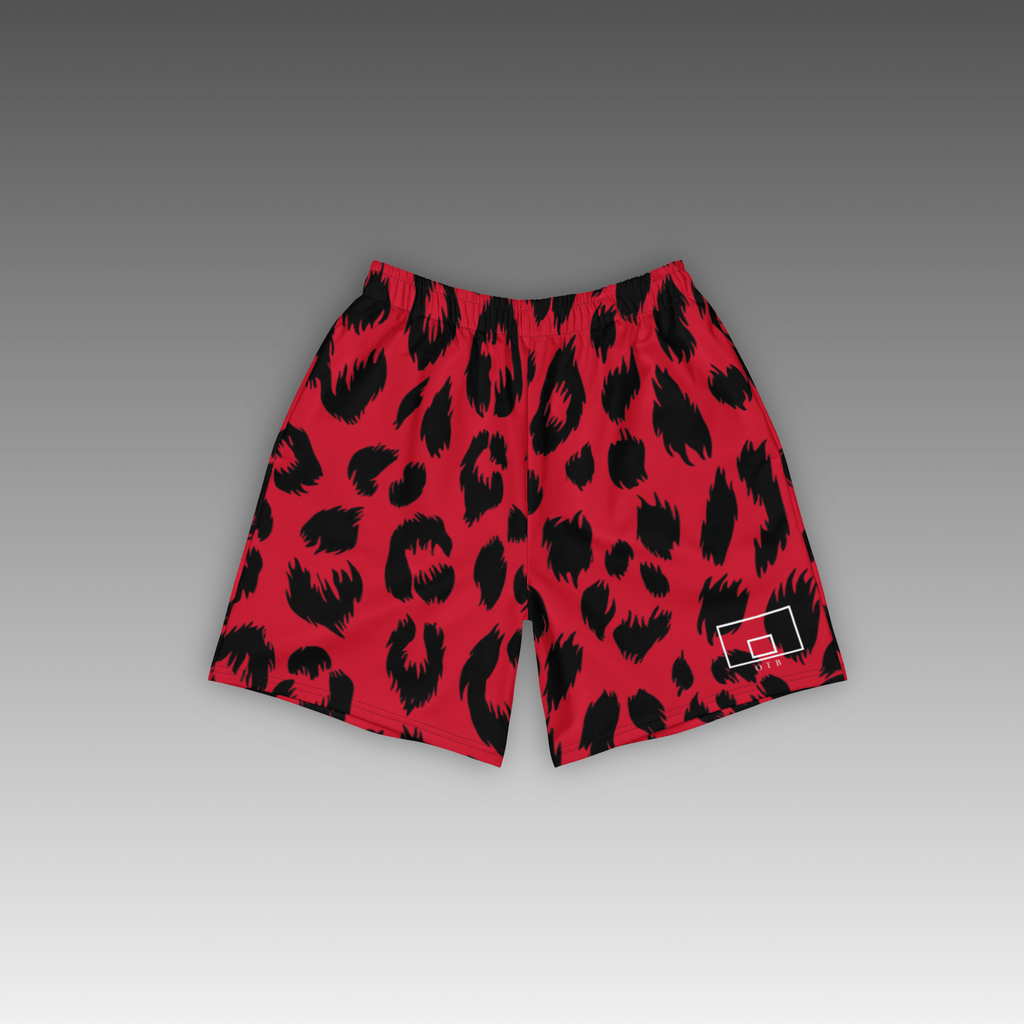 OTB Red Leopard Basketball Shorts - front view showcasing vibrant red shorts with bold leopard print pattern, featuring lightweight performance fabric and comfortable athletic fit for basketball players