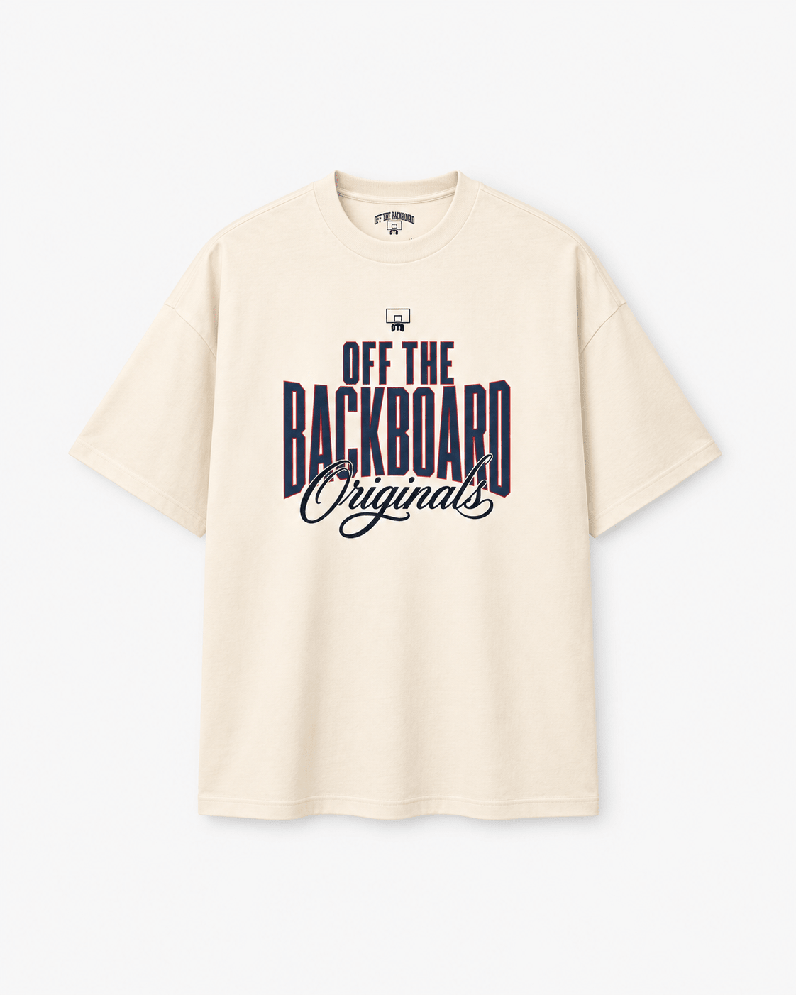An oversized cream-colored t-shirt with a dark navy graphic print on the front reading 'OFF THE BACKBOARD Originals' and a small 'PFG' logo above it, displayed on a clean white background.