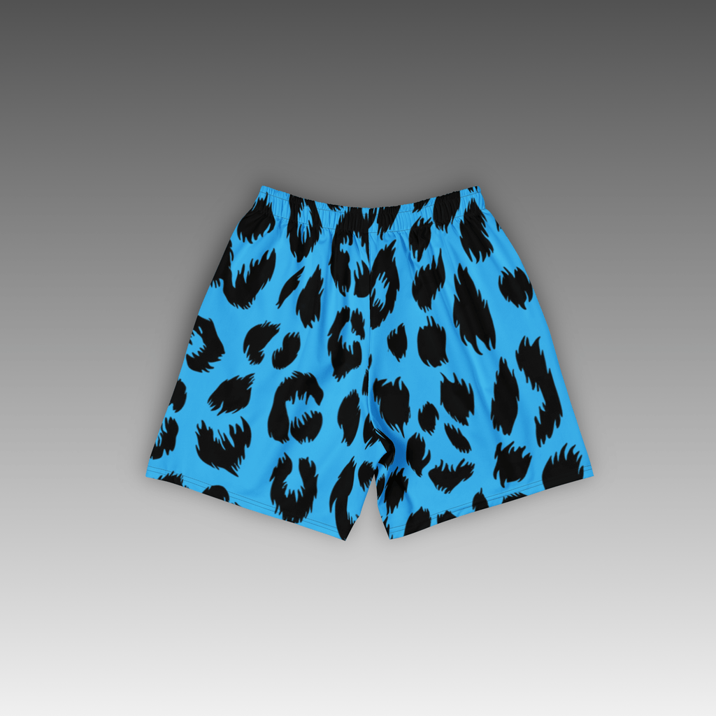 OTB Sky Blue Leopard Basketball Shorts - back view displaying the striking leopard print pattern on sky blue fabric, highlighting the quality construction, elastic waistband, and basketball-ready design