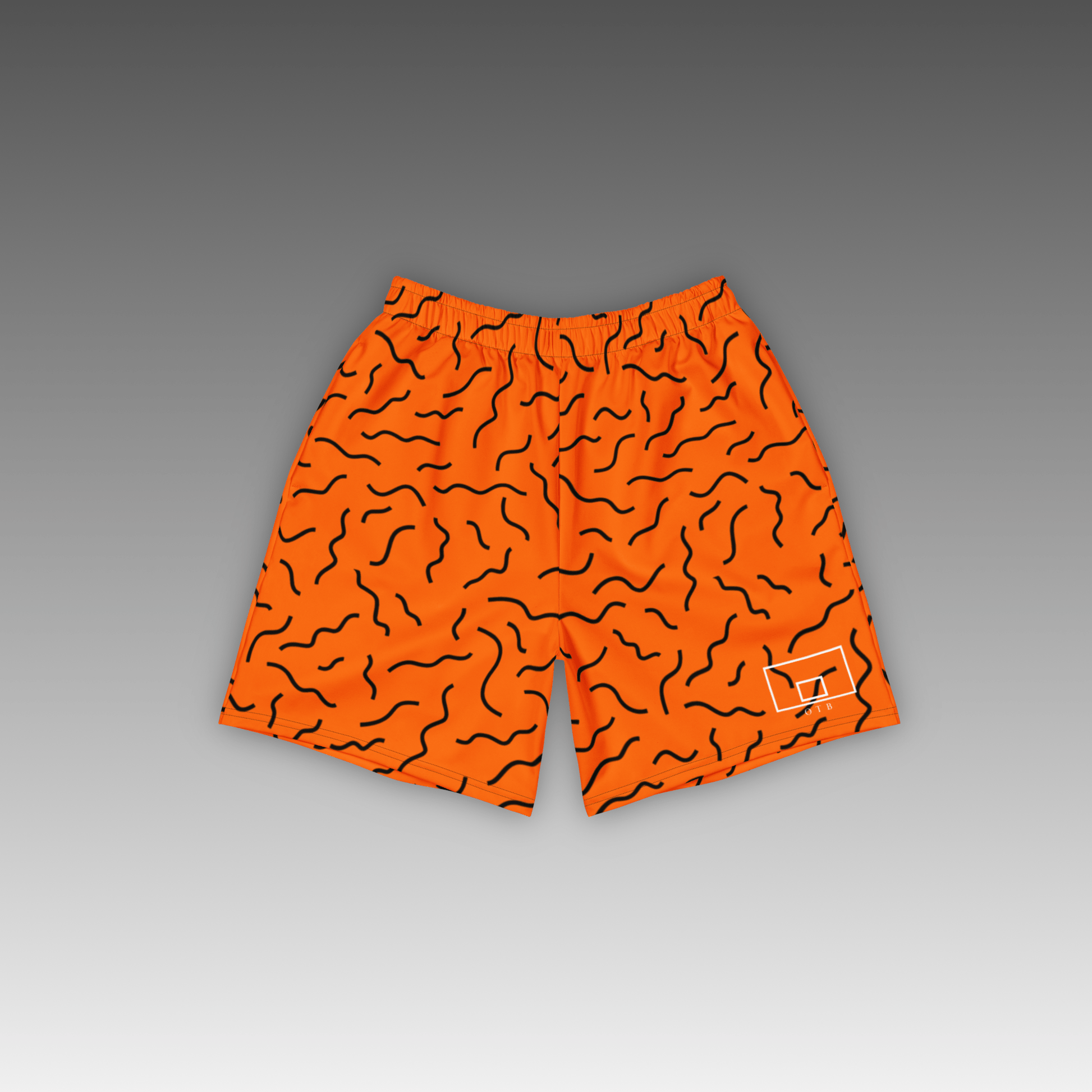 OTB Squiggle Orange Basketball Shorts - front view showcasing vibrant orange shorts with bold black squiggle pattern, featuring lightweight performance fabric and comfortable athletic fit for basketball players