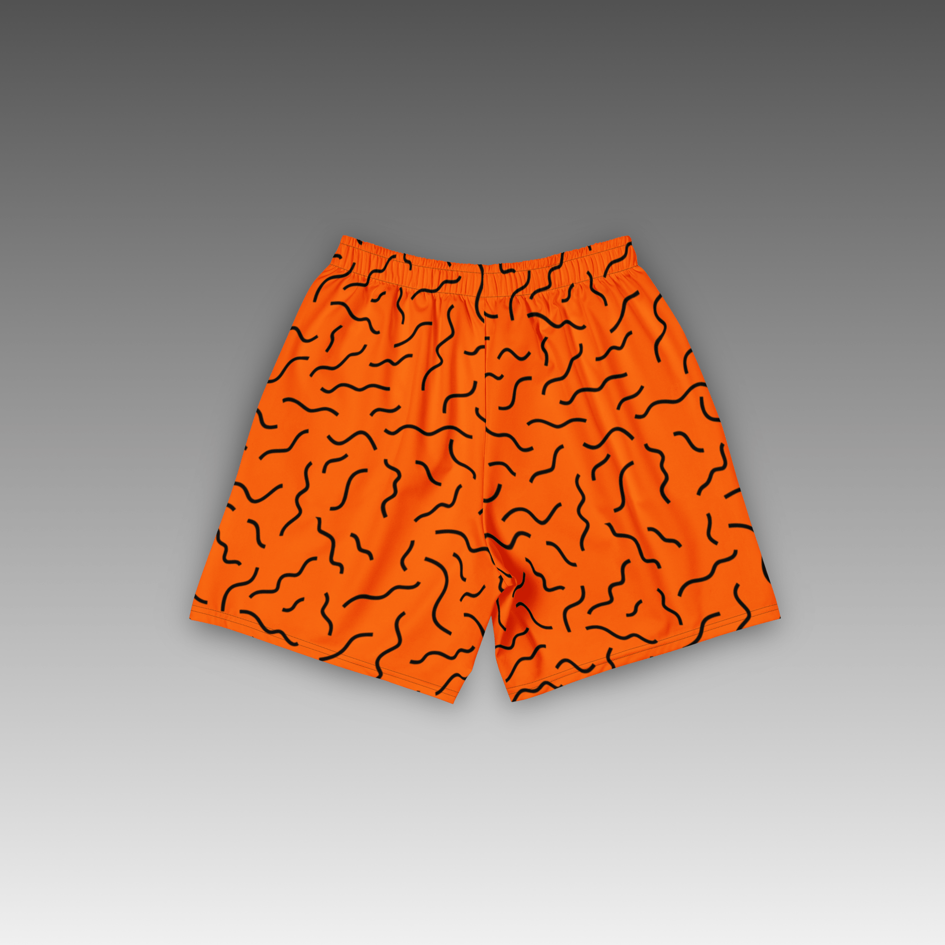 OTB Squiggle Orange Basketball Shorts - back view displaying the energetic black squiggle pattern on bright orange fabric, highlighting the quality construction, elastic waistband, and basketball-ready design