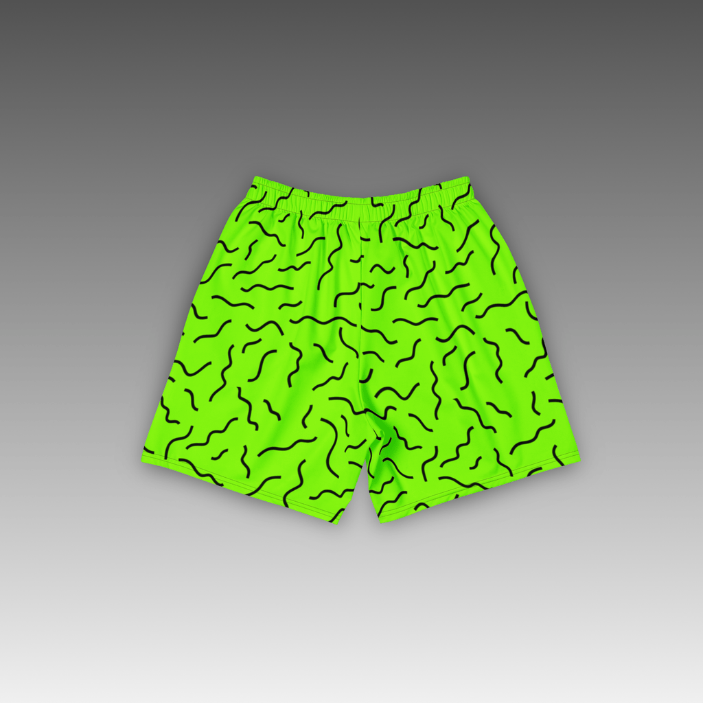 OTB Squiggle Slime Green Basketball Shorts - front view showcasing vibrant green shorts with playful 90s-inspired squiggle pattern, featuring lightweight performance fabric and comfortable athletic fit for basketball players