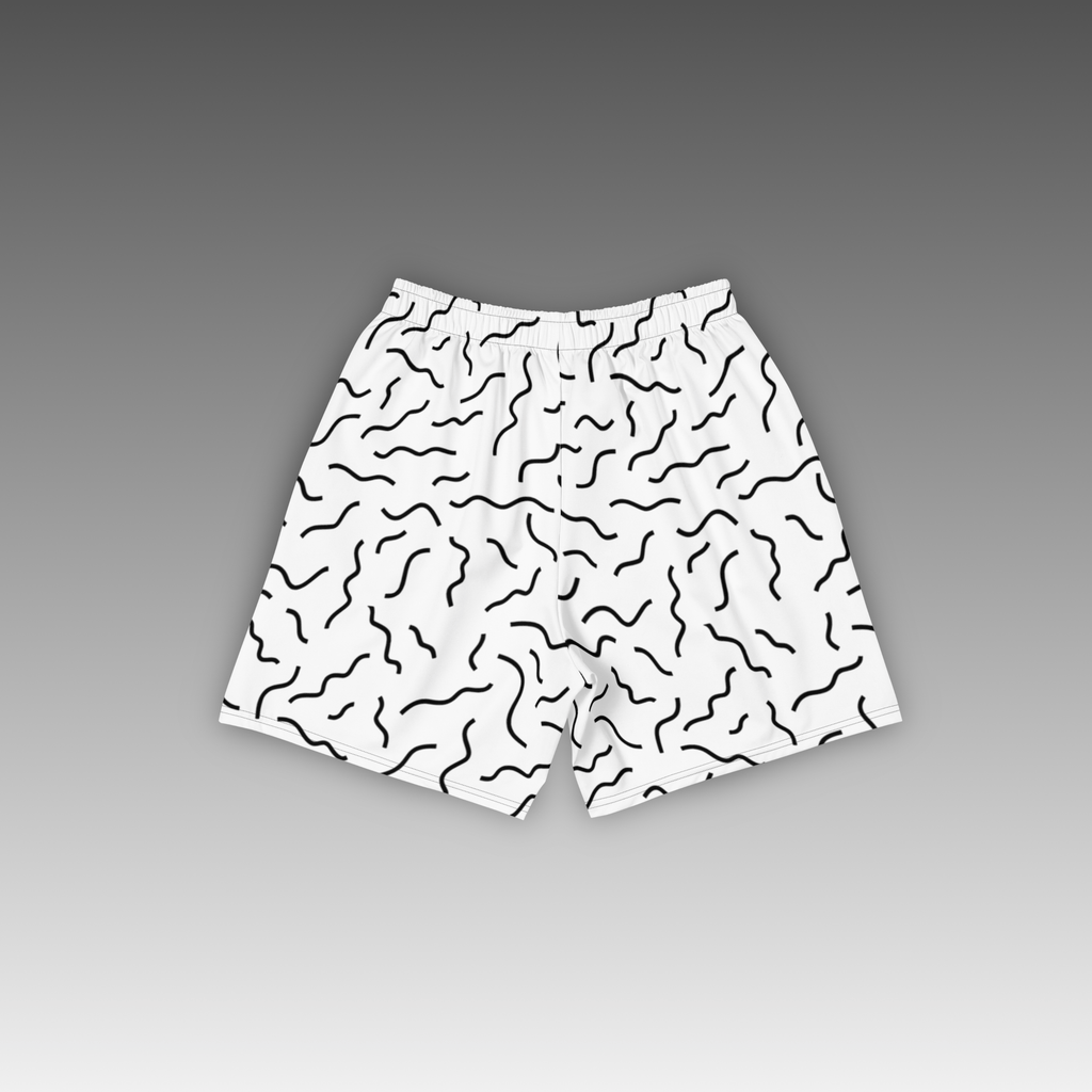 OTB Squiggle White Basketball Shorts - back view displaying the distinctive black squiggle pattern on crisp white fabric, highlighting the quality construction, elastic waistband, and basketball-ready design
