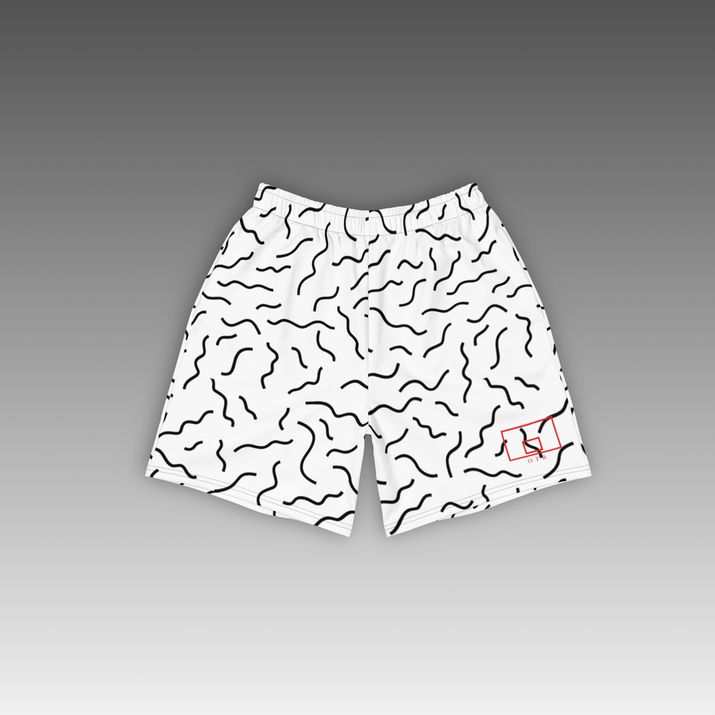 OTB Squiggle White Basketball Shorts - front view showcasing clean white shorts with bold black squiggle pattern, featuring lightweight performance fabric and comfortable athletic fit for basketball players