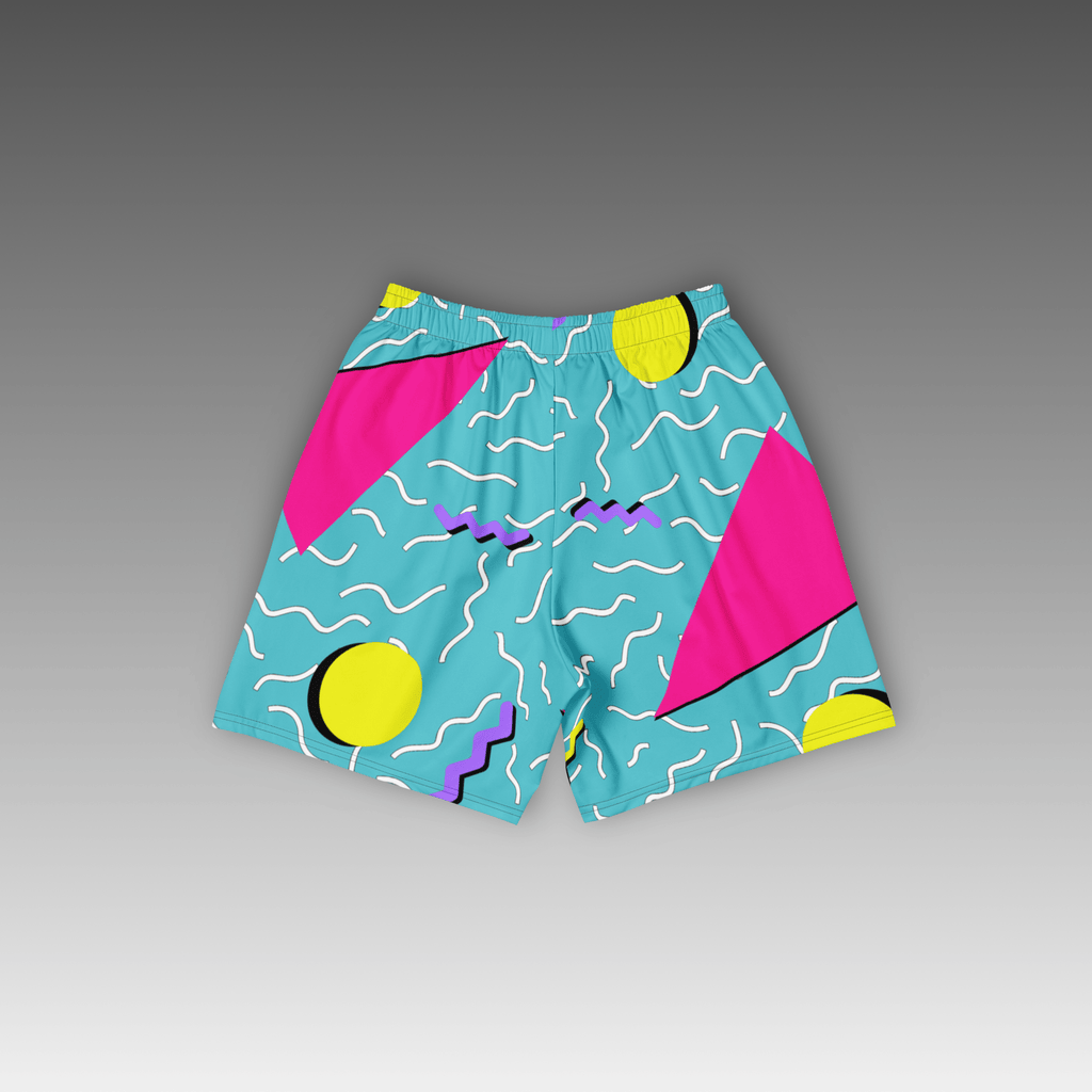 OTB Teal 90s Throwback Basketball Shorts - back view displaying the retro 90s geometric pattern on bright teal fabric, highlighting the quality construction, elastic waistband, and basketball-ready design