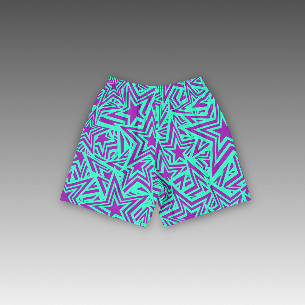 OTB Turquoise All-Star Basketball Shorts - back view displaying the detailed star pattern on bright turquoise fabric, highlighting the quality construction, elastic waistband, and basketball-ready design