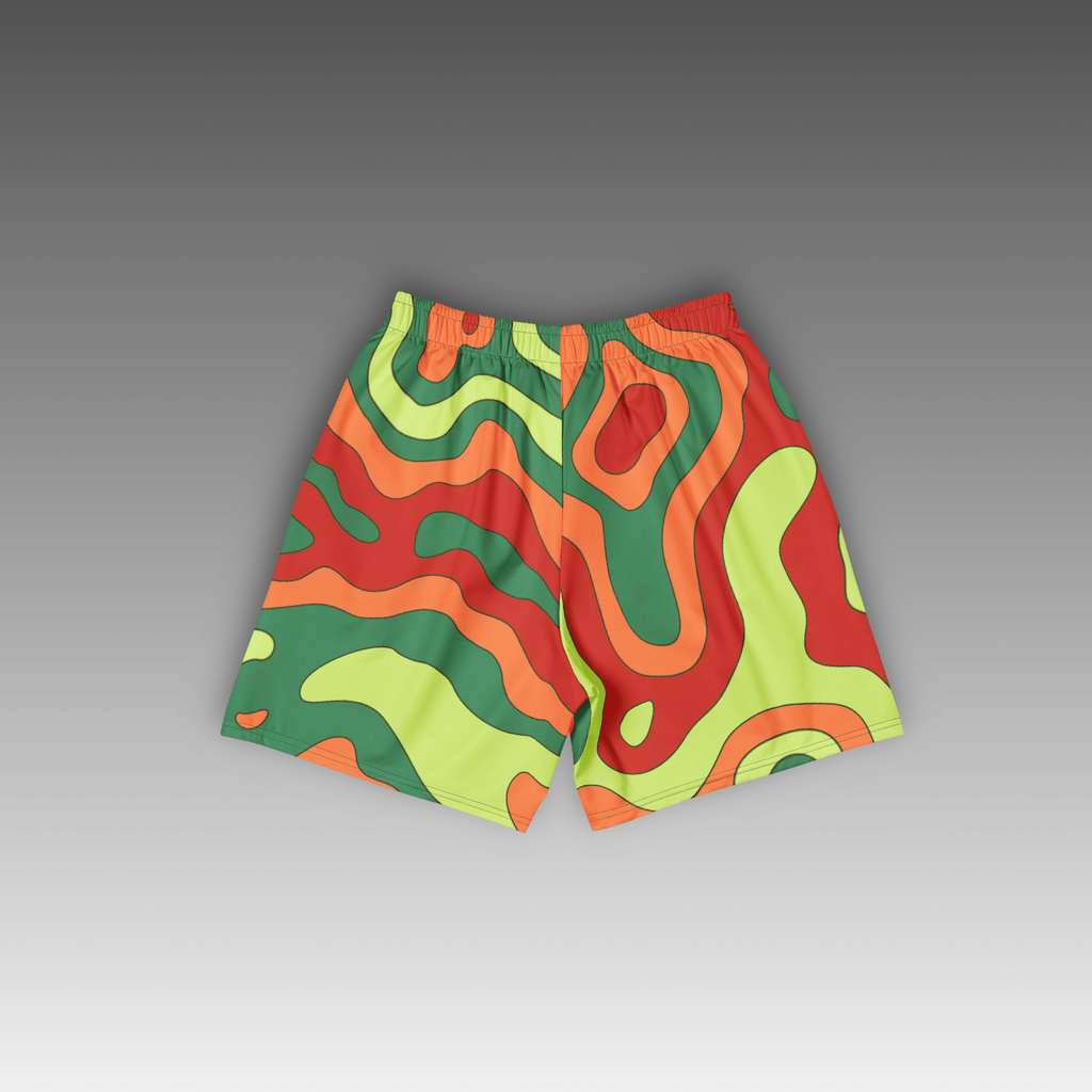 OTB Weatherman II Basketball Shorts - back view displaying the detailed weather radar pattern in vibrant colors, highlighting the quality construction, elastic waistband, and basketball-ready design