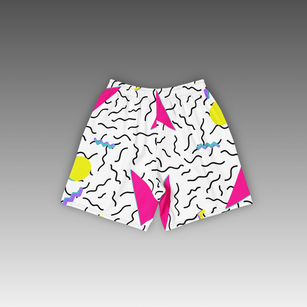 OTB White 90s Throwback Basketball Shorts - back view displaying the colorful retro 90s geometric pattern on crisp white fabric, highlighting the quality construction, elastic waistband, and basketball-ready design