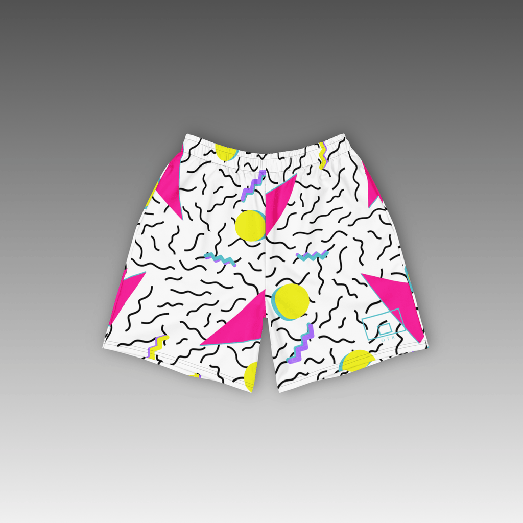 OTB White 90s Throwback Basketball Shorts - front view showcasing clean white shorts with vibrant multicolor 90s-inspired geometric pattern, featuring lightweight performance fabric and comfortable athletic fit for basketball players