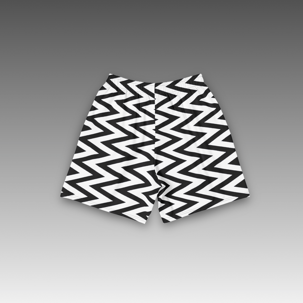 OTB White Chevron Basketball Shorts - back view displaying the bold black chevron pattern on crisp white fabric, highlighting the quality construction, elastic waistband, and basketball-ready design