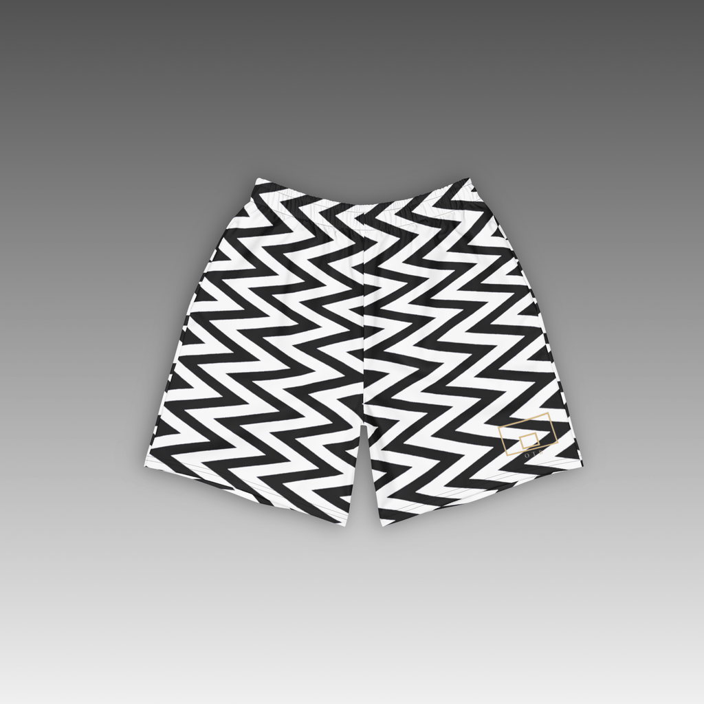 OTB White Chevron Basketball Shorts - front view showcasing clean white shorts with dynamic black chevron pattern design, featuring lightweight performance fabric and comfortable athletic fit for basketball players