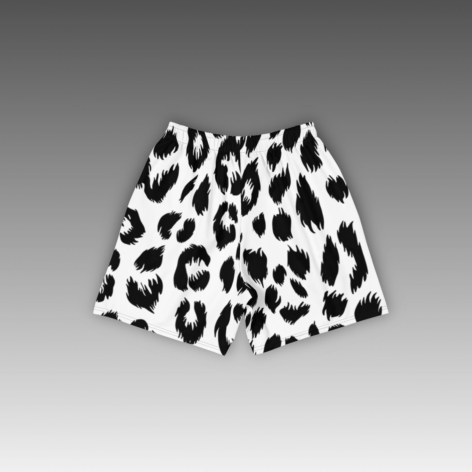 OTB White Leopard Basketball Shorts - back view displaying the striking black leopard print pattern on crisp white fabric, highlighting the quality construction, elastic waistband, and basketball-ready design