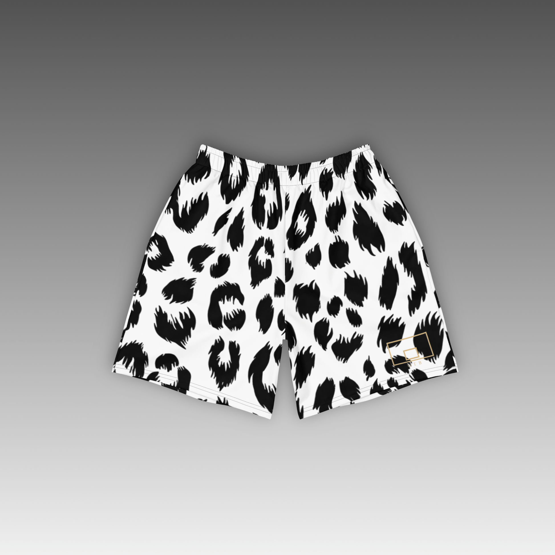 OTB White Leopard Basketball Shorts - front view showcasing clean white shorts with bold black leopard print pattern, featuring lightweight performance fabric and comfortable athletic fit for basketball players