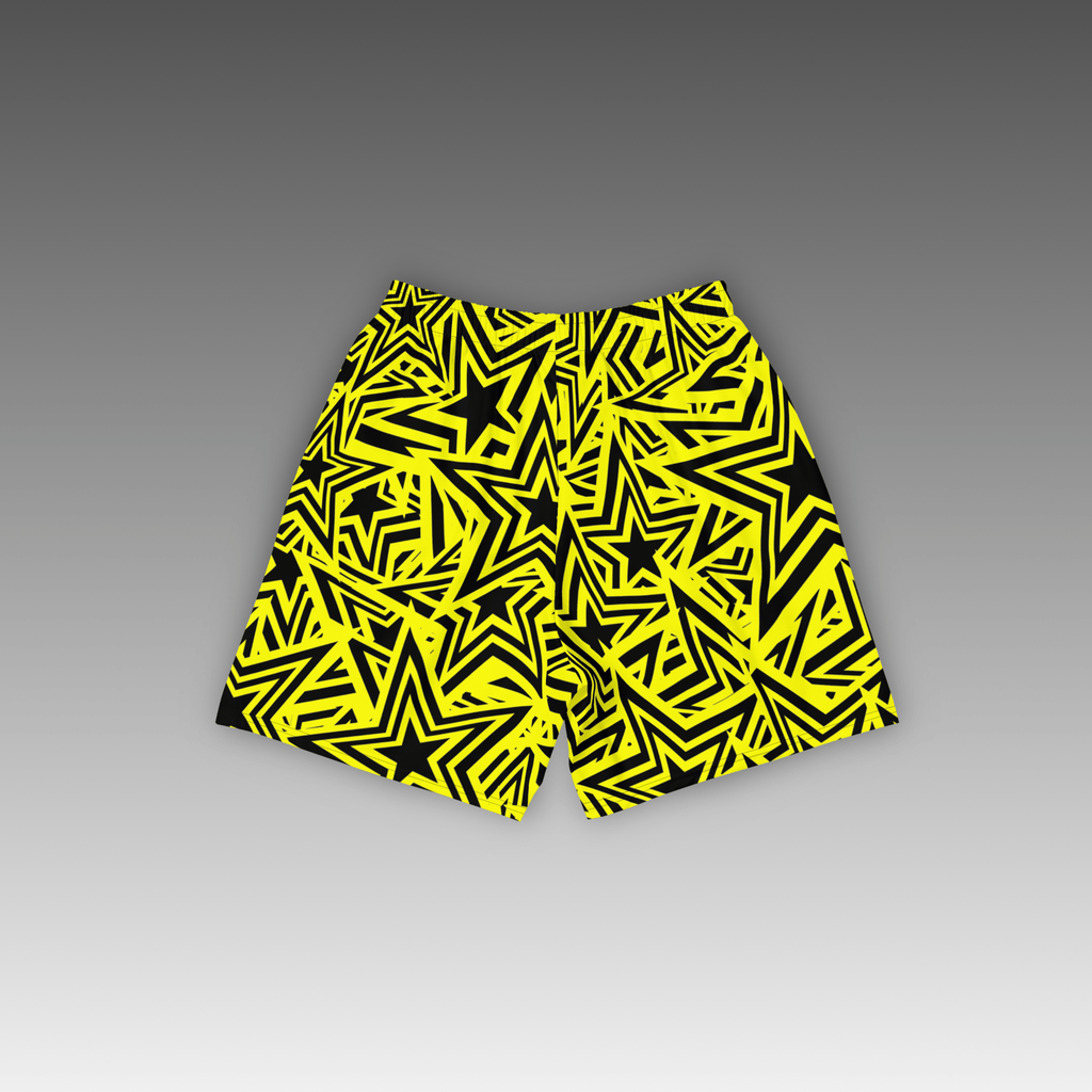 OTB Yellow All-Star Basketball Shorts - back view displaying the detailed star pattern on bright yellow fabric, highlighting the quality construction, elastic waistband, and basketball-ready design