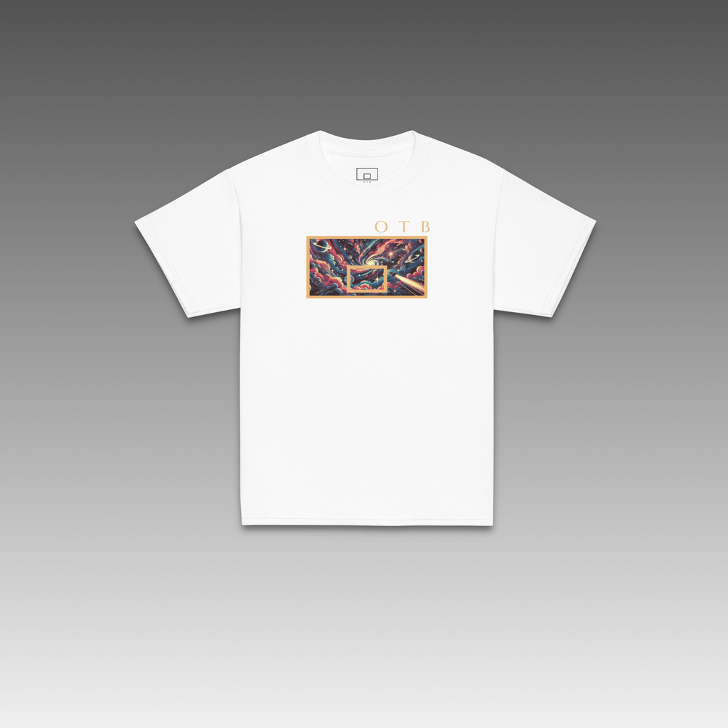 OTB Youth Tee in Deep Space design - front view showcasing white youth t-shirt with cosmic deep space graphics and galaxy-inspired artwork, made with soft, comfortable fabric perfect for kids who love space and basketball