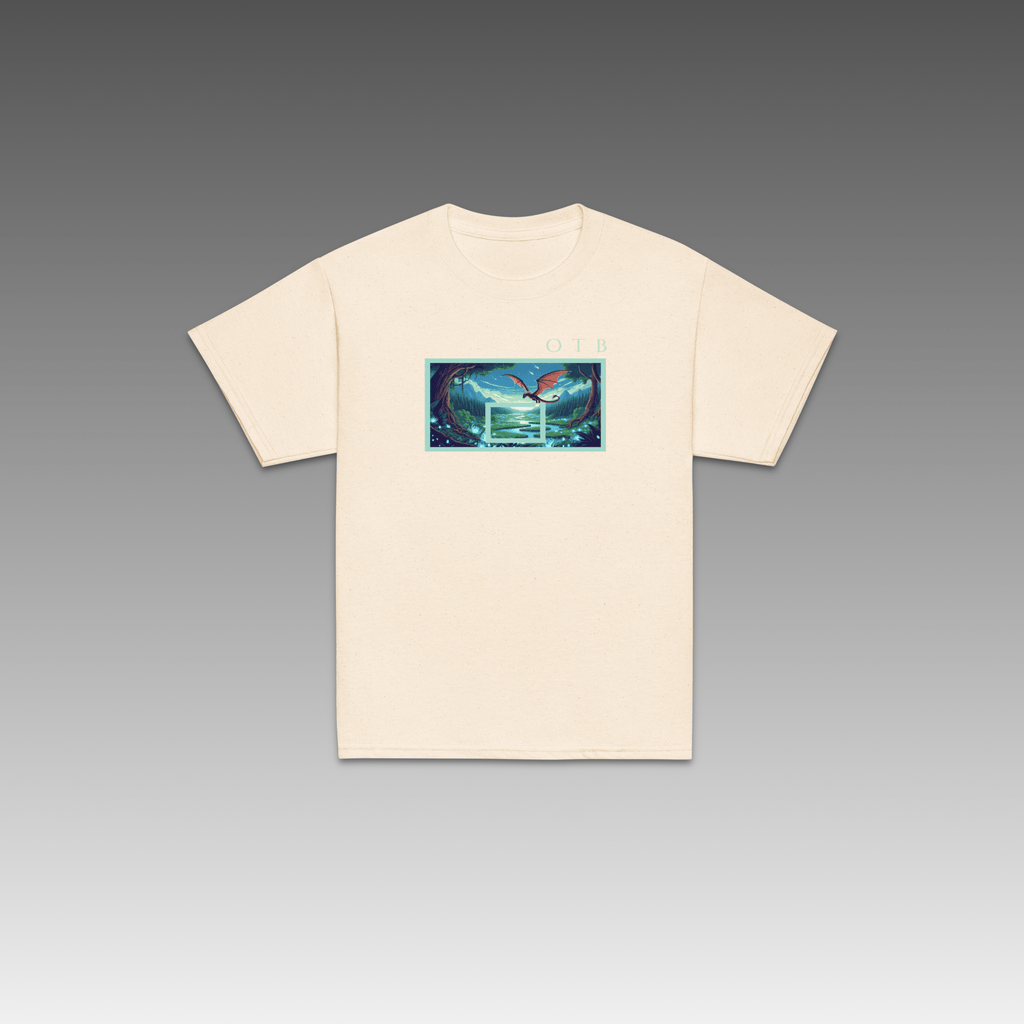 OTB Youth Tee in Enchanted Forest design - front view showcasing an off-white youth t-shirt with magical enchanted forest graphics and mystical woodland artwork, made with soft, comfortable fabric perfect for kids who love fantasy and basketball