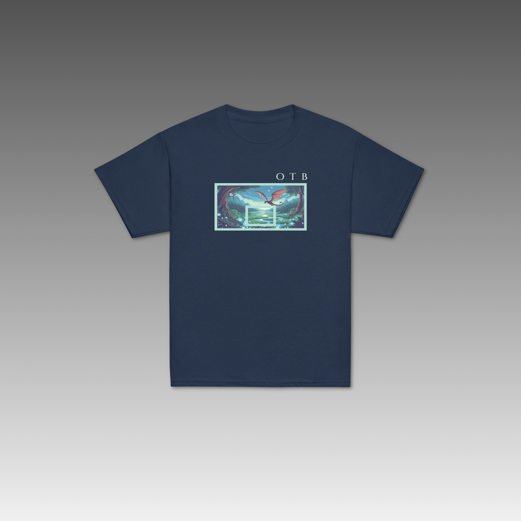 OTB Youth Tee in Enchanted Forest design - front view showcasing navy youth t-shirt with magical enchanted forest graphics and mystical woodland artwork, made with soft, comfortable fabric perfect for kids who love fantasy and basketball