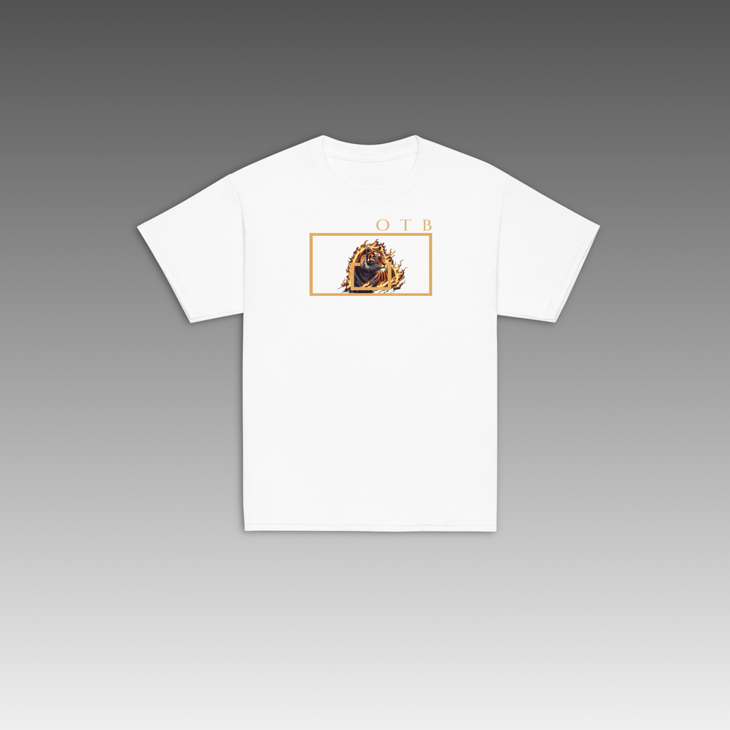 OTB Youth Tee in Fire Tiger design - front view showcasing youth t-shirt with dynamic fire tiger graphics and fierce wild animal artwork, made with soft, comfortable fabric perfect for kids who love powerful animals and basketball